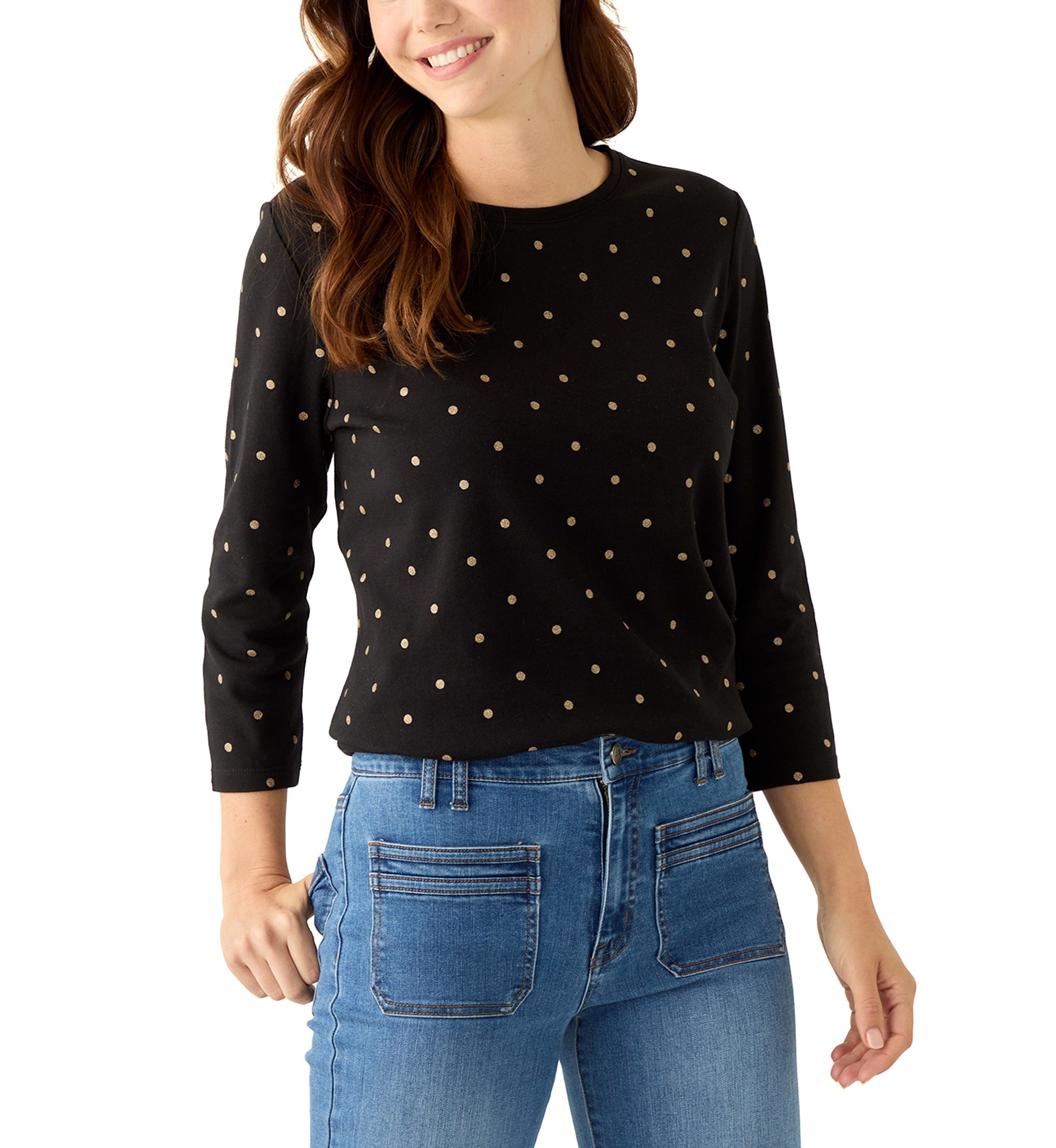 Womens 3.4 Sleeve Crew Neck Foil Print Top