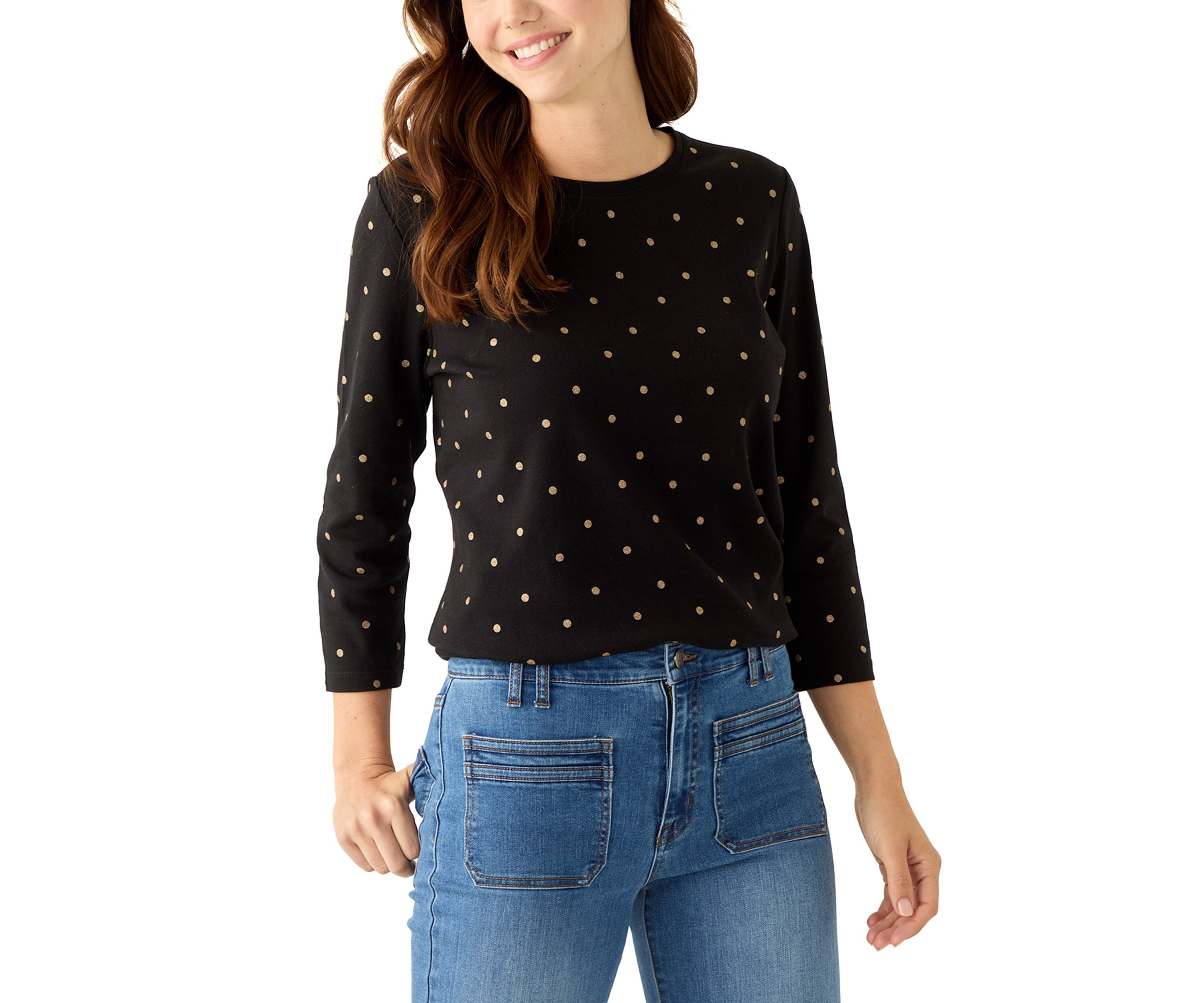 Womens 3.4 Sleeve Crew Neck Foil Print Top