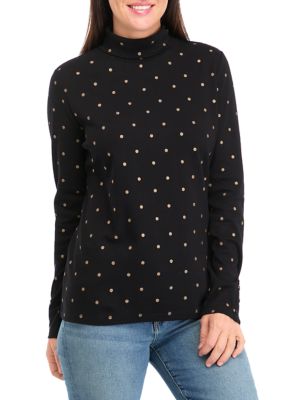 Kim Rogers Women's Foil Dot Printed Turtleneck Top, Black, Medium