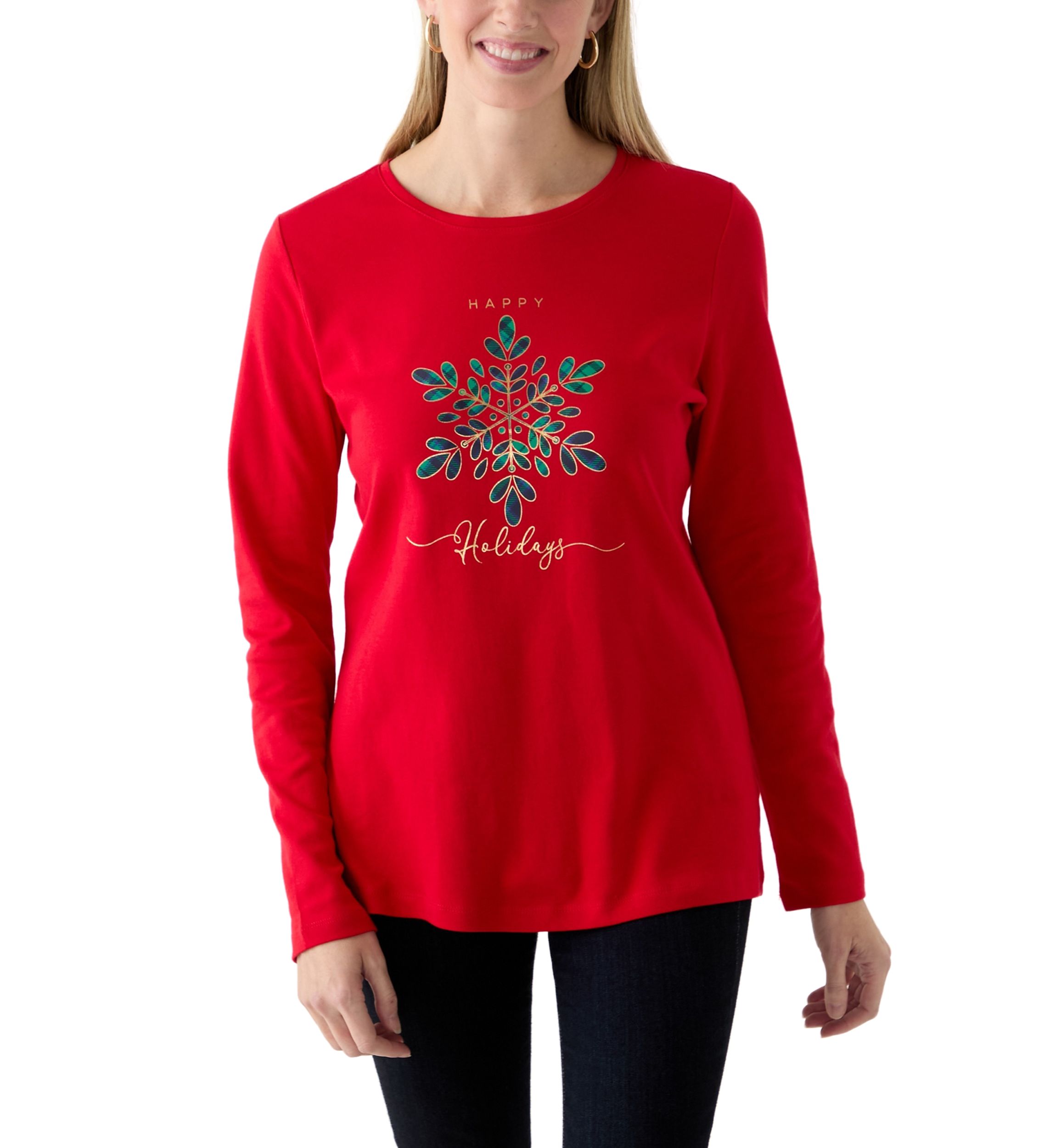 Womens Long Sleeve Holiday Graphic T-Shirt 
