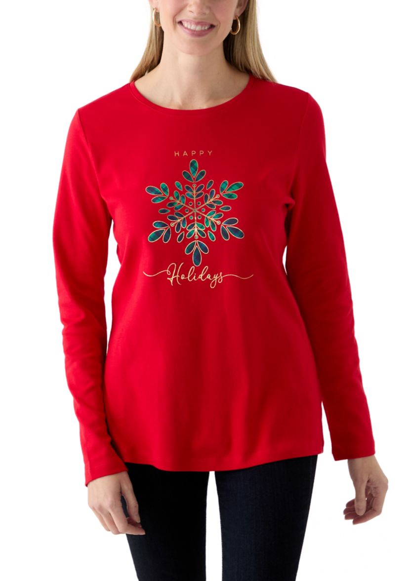 Womens Long Sleeve Holiday Graphic T-Shirt 