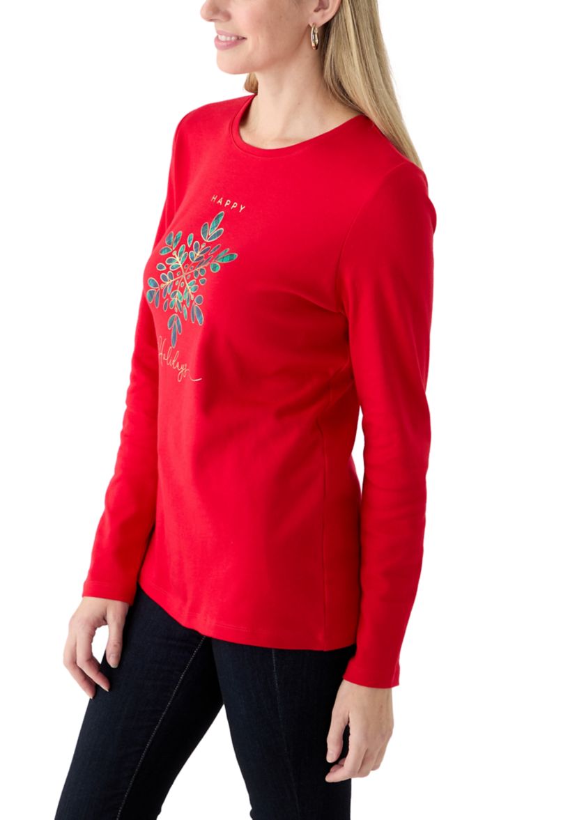 Womens Long Sleeve Holiday Graphic T-Shirt 