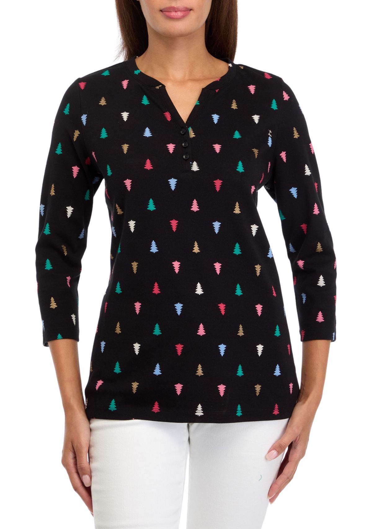 Womens 3/4 Sleeve Glitter Tree T-Shirt 