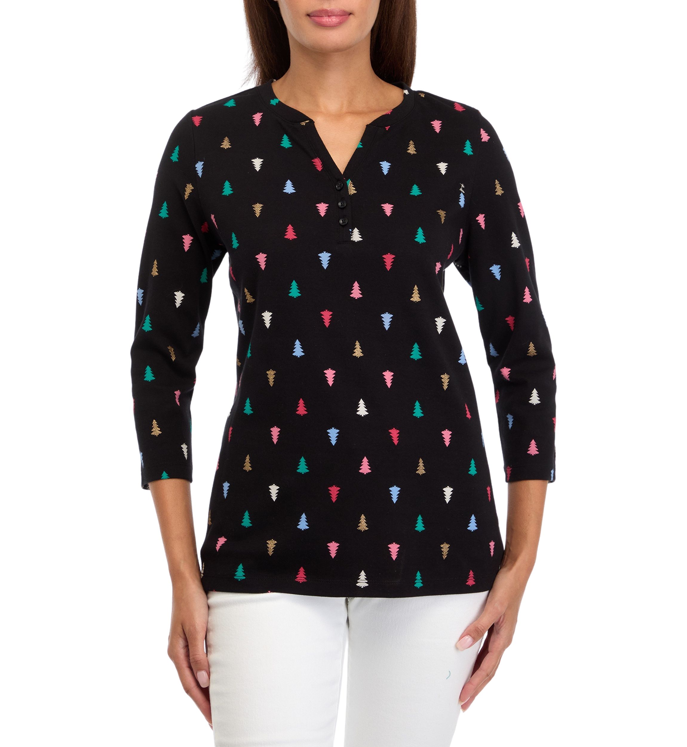Womens 3/4 Sleeve Glitter Tree T-Shirt 