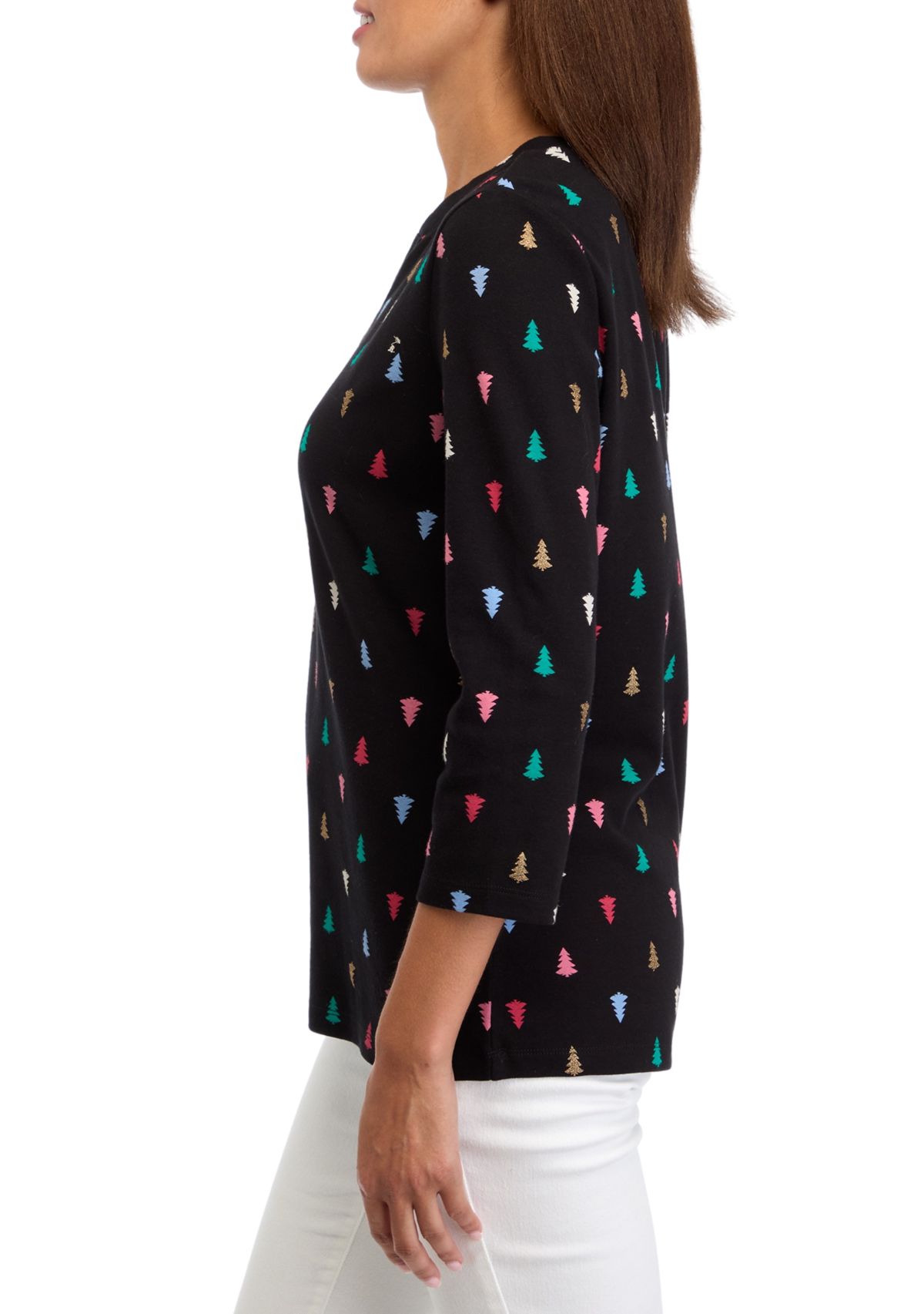 Womens 3/4 Sleeve Glitter Tree T-Shirt 