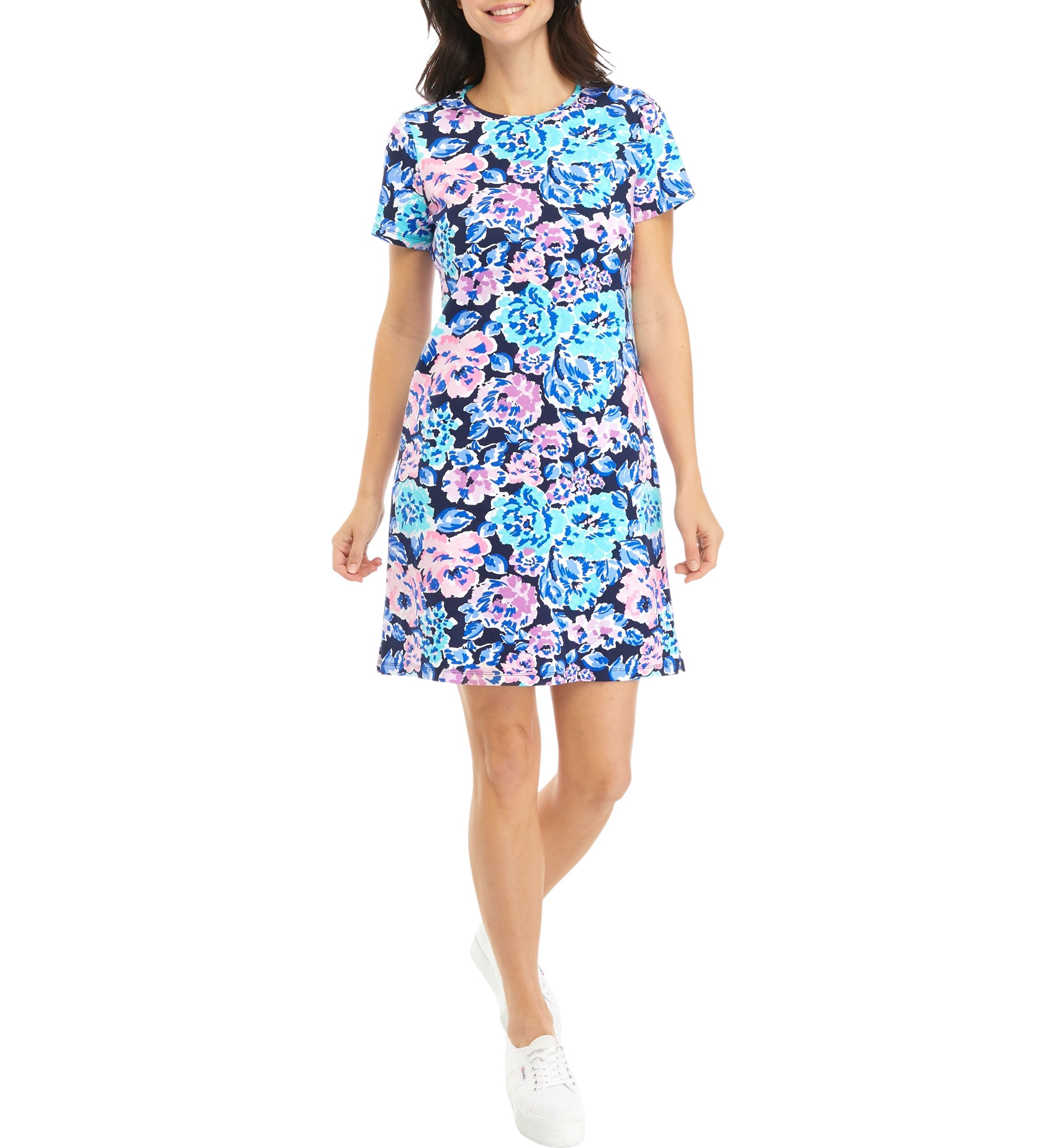 Womens Short Sleeve Crew Neck Allover Print Dress