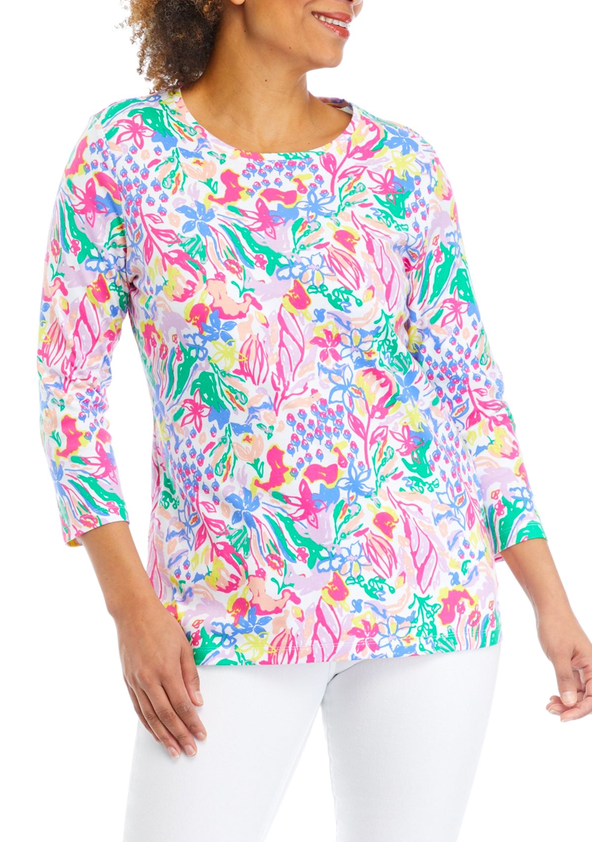 Womens 3/4 Sleeve Crew Neck Printed T-Shirt