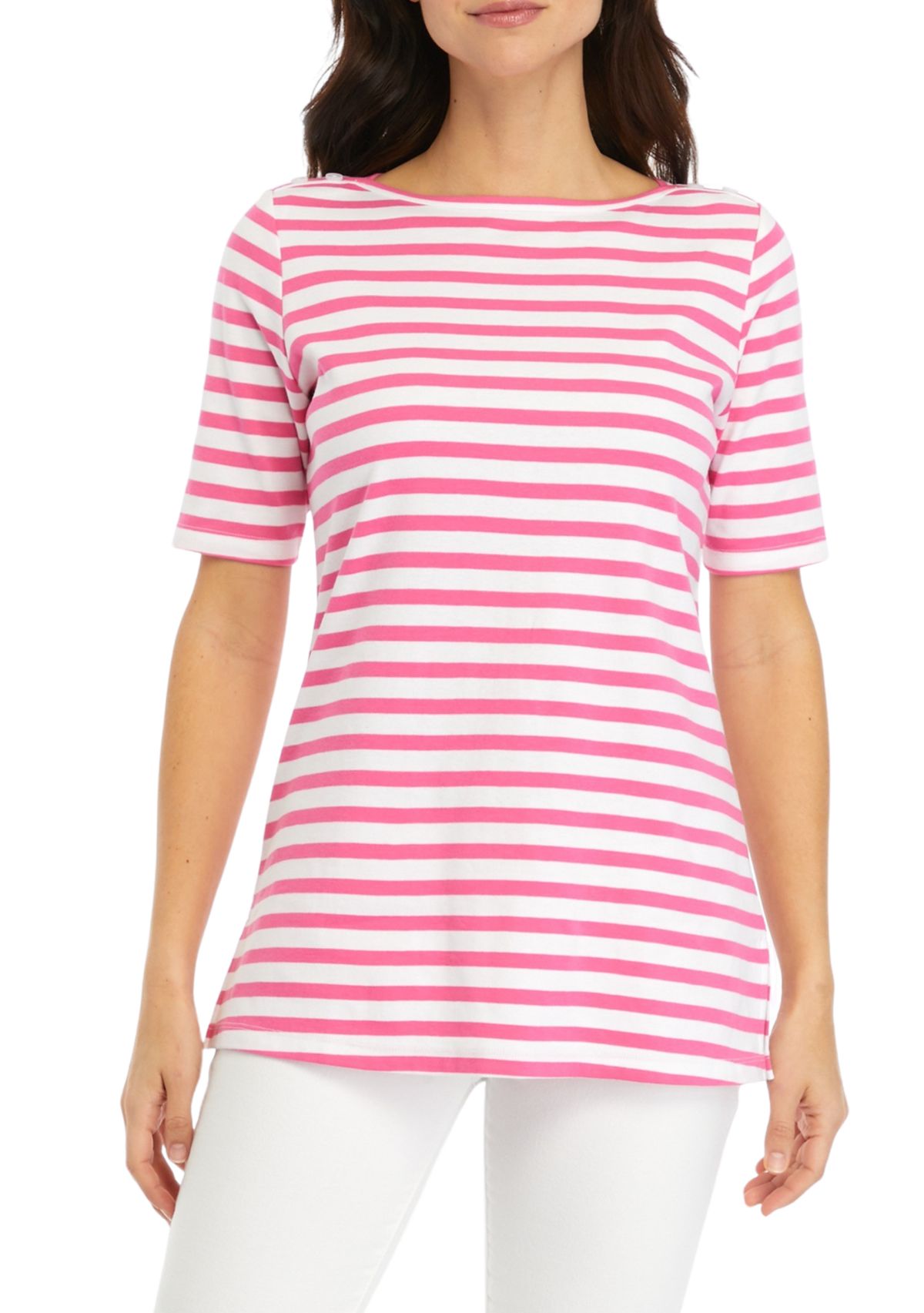 Womens Elbow Sleeve Boat Neck Yarn Dyed Tunic Top