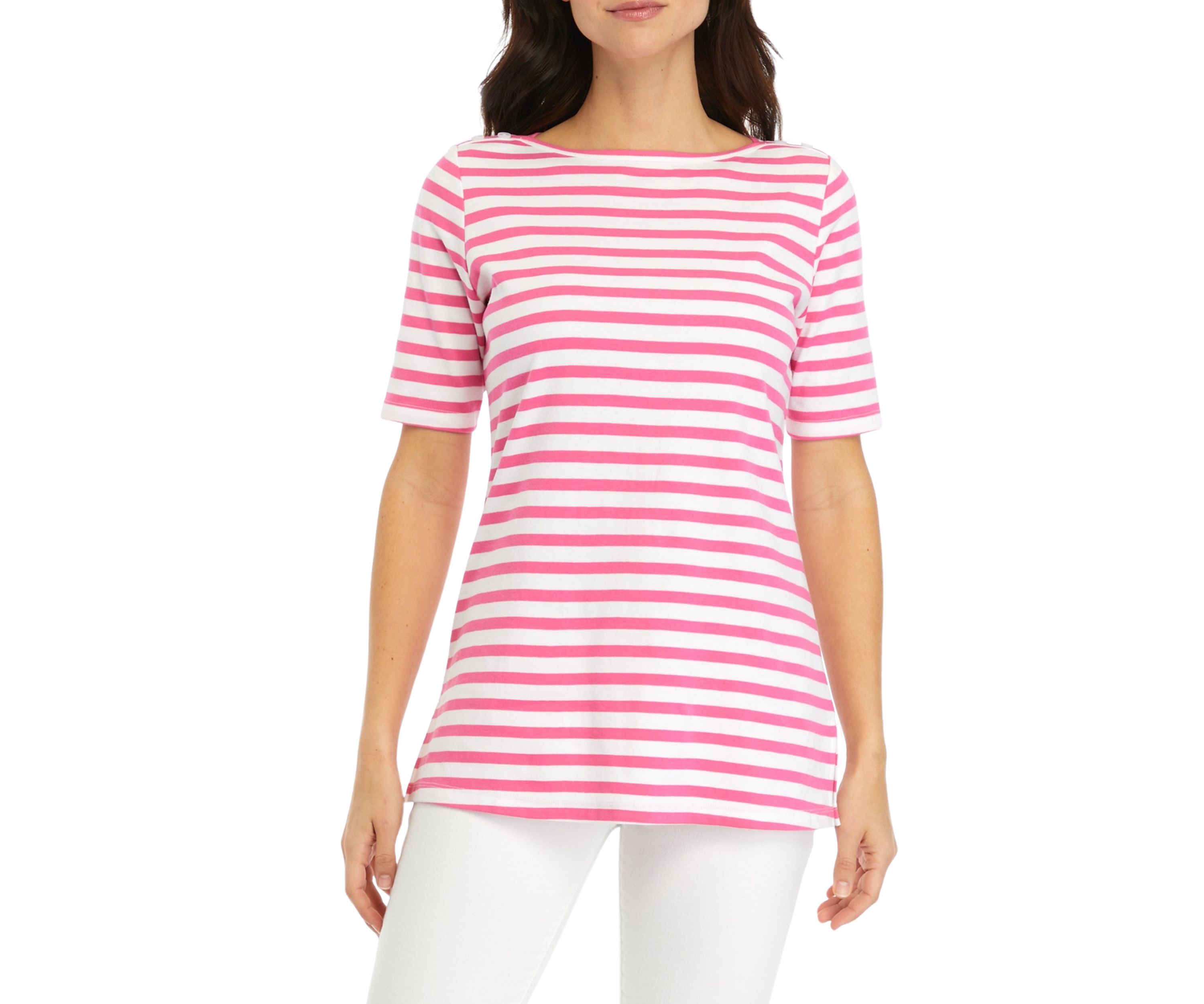 Womens Elbow Sleeve Boat Neck Yarn Dyed Tunic Top
