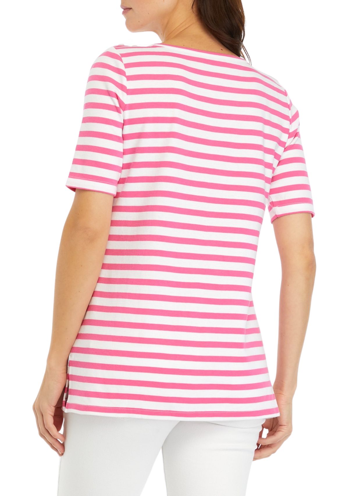 Womens Elbow Sleeve Boat Neck Yarn Dyed Tunic Top