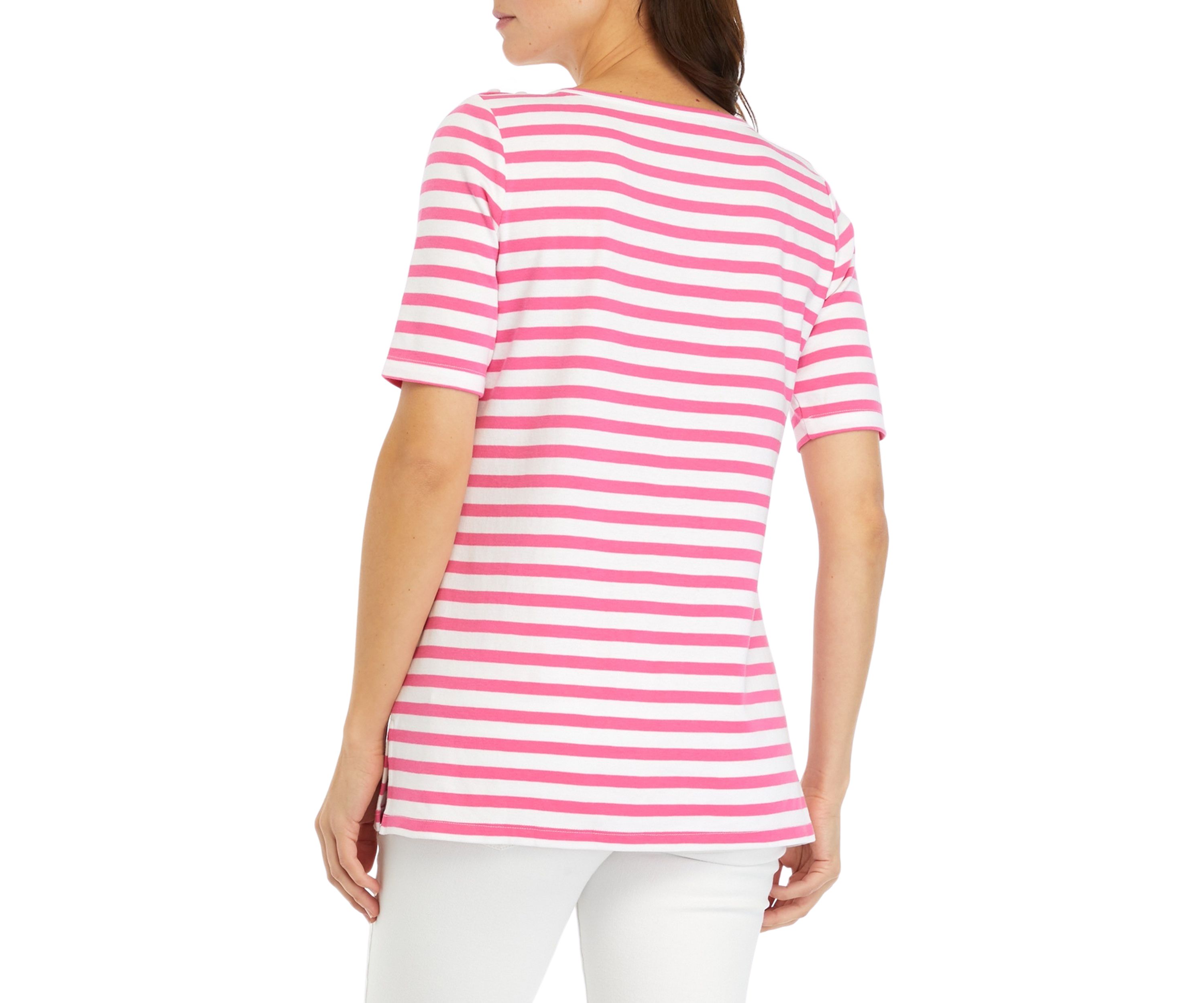 Womens Elbow Sleeve Boat Neck Yarn Dyed Tunic Top