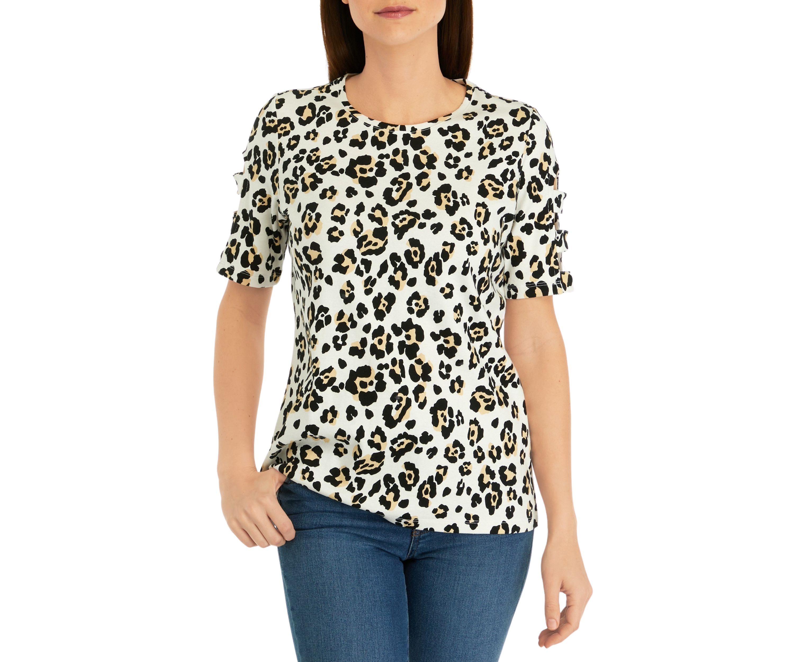 Womens Elbow Sleeve Animal Print Top 