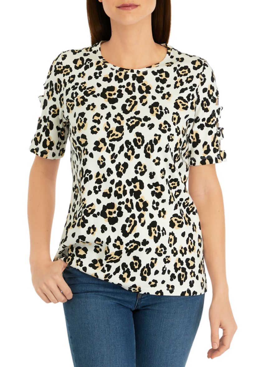 Womens Elbow Sleeve Animal Print Top 