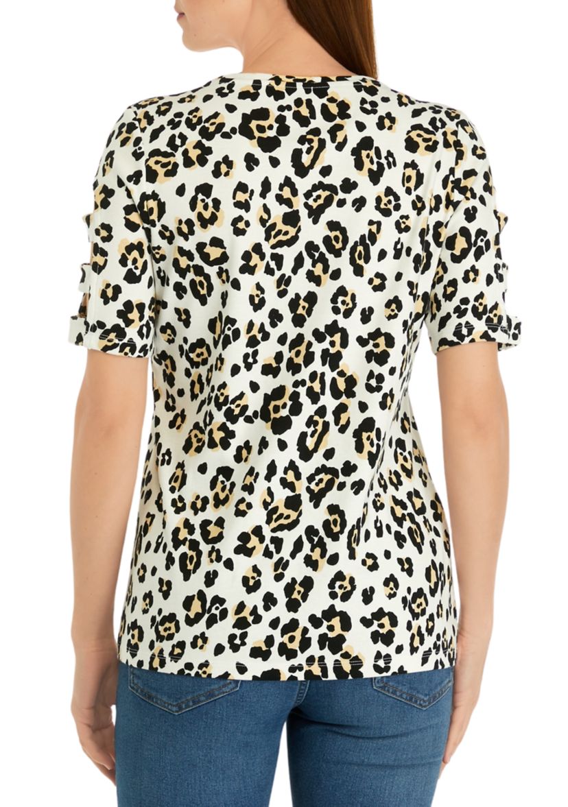 Womens Elbow Sleeve Animal Print Top 