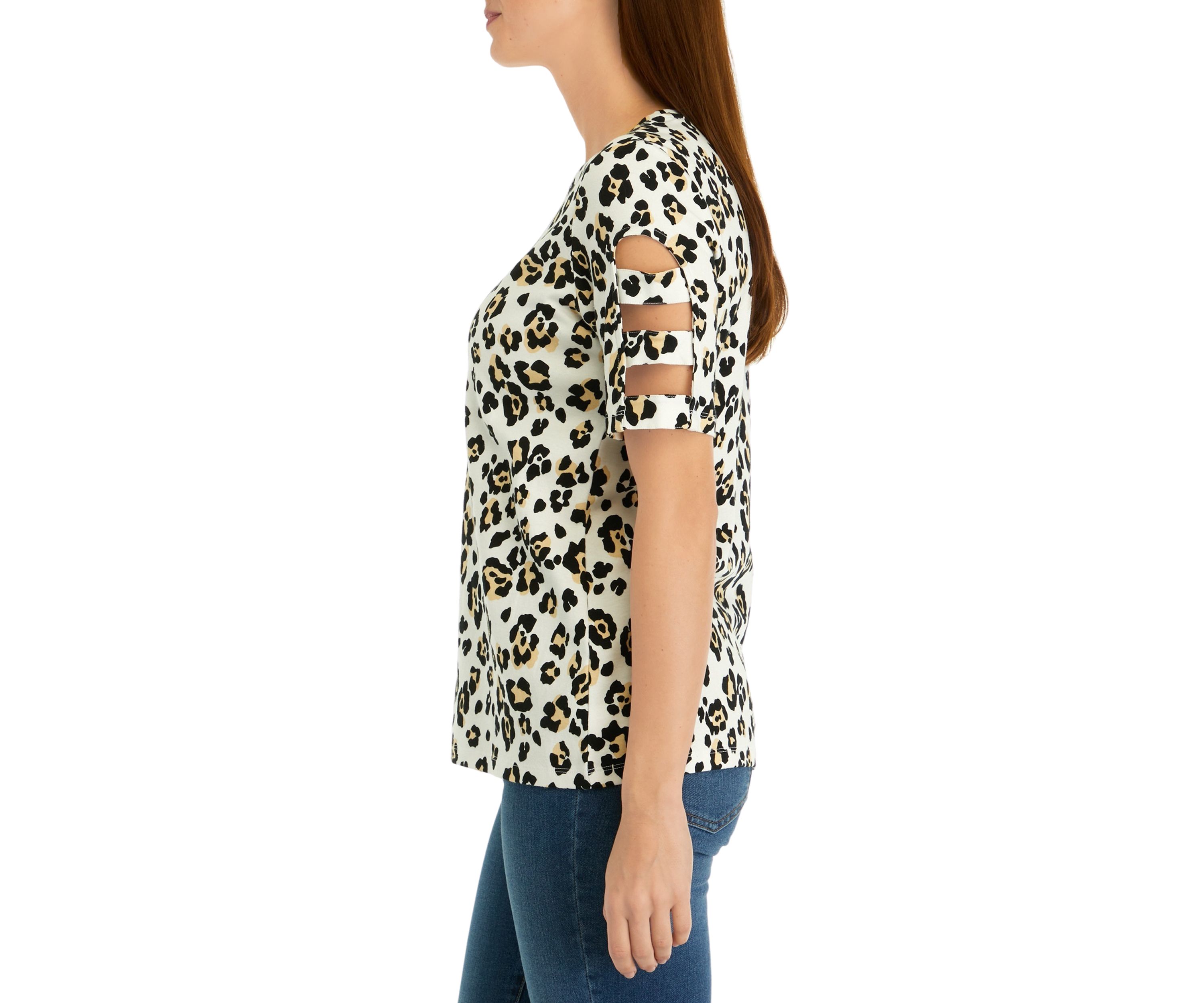 Womens Elbow Sleeve Animal Print Top 