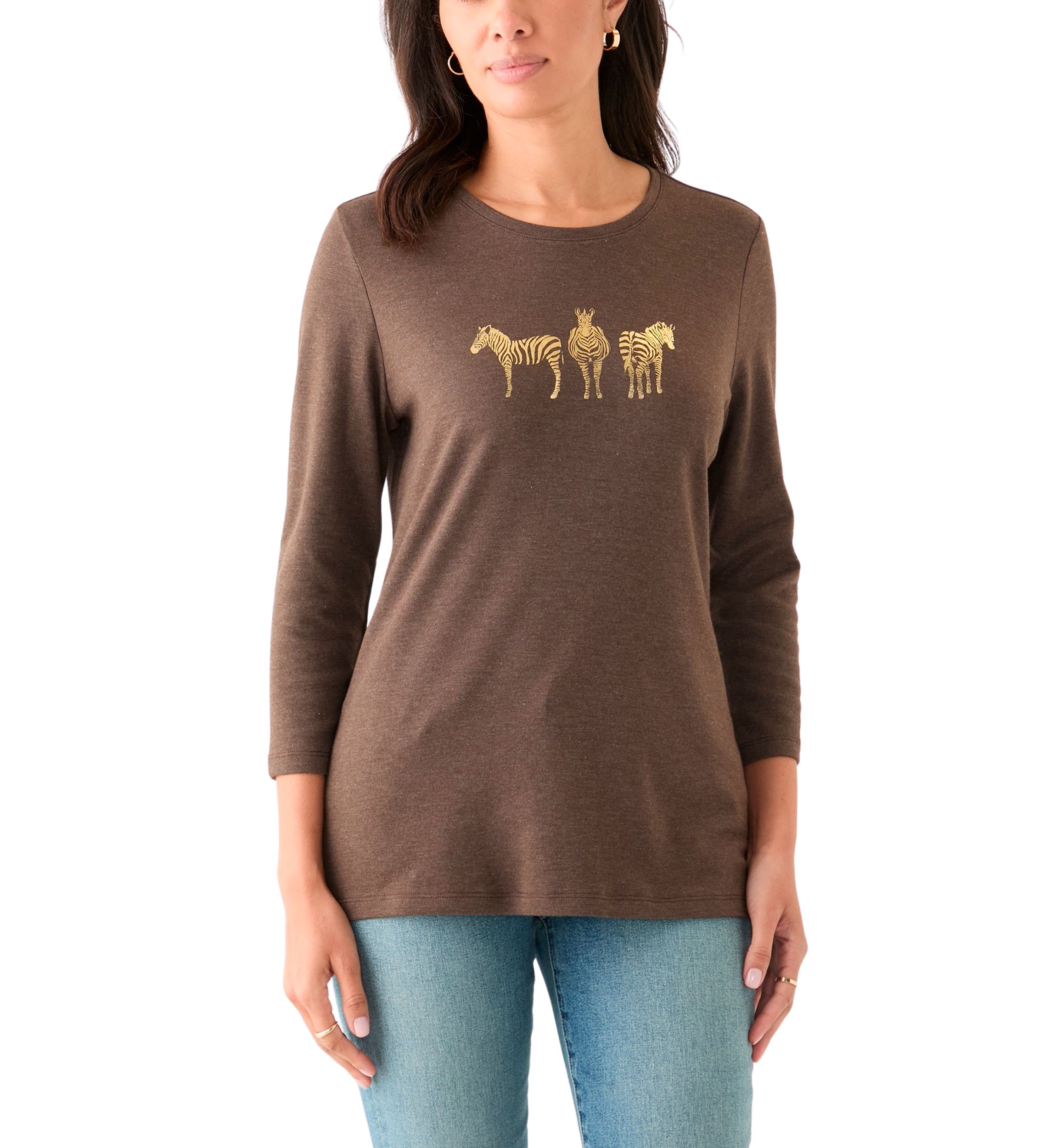 Womens 3/4 Sleeve Crew Neck Heather Graphic T-Shirt