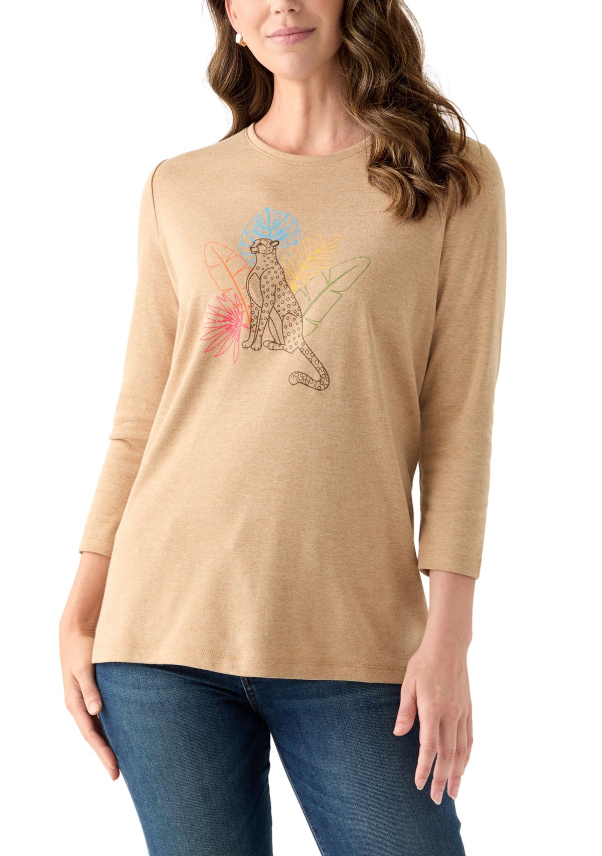 Womens 3/4 Sleeve Crew Neck Heather Graphic T-Shirt