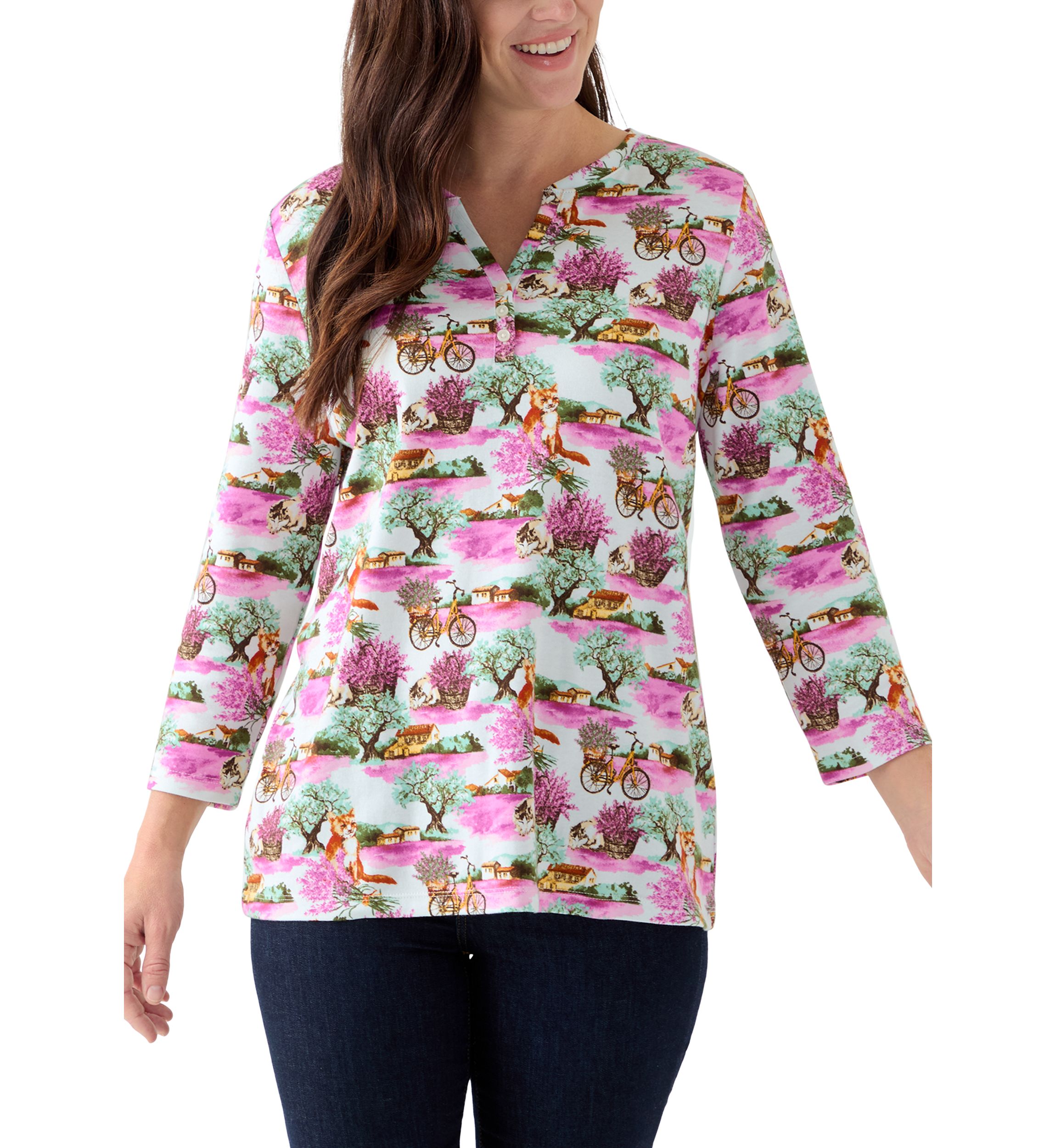 Womens 3/4 Sleeve Printed Henley Shirt