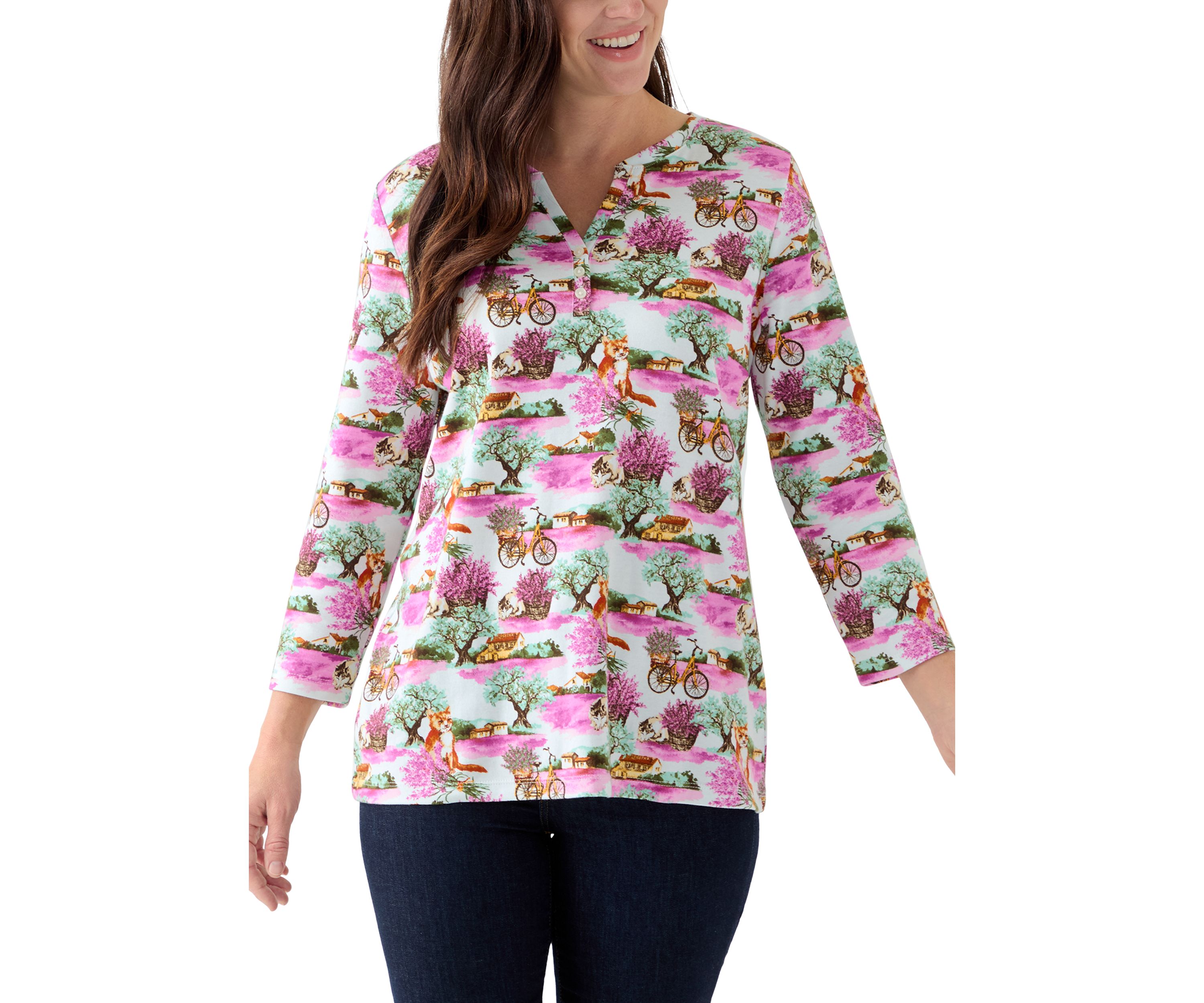 Womens 3/4 Sleeve Printed Henley Shirt