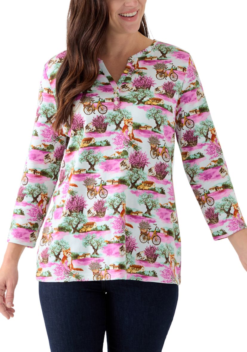 Womens 3/4 Sleeve Printed Henley Shirt