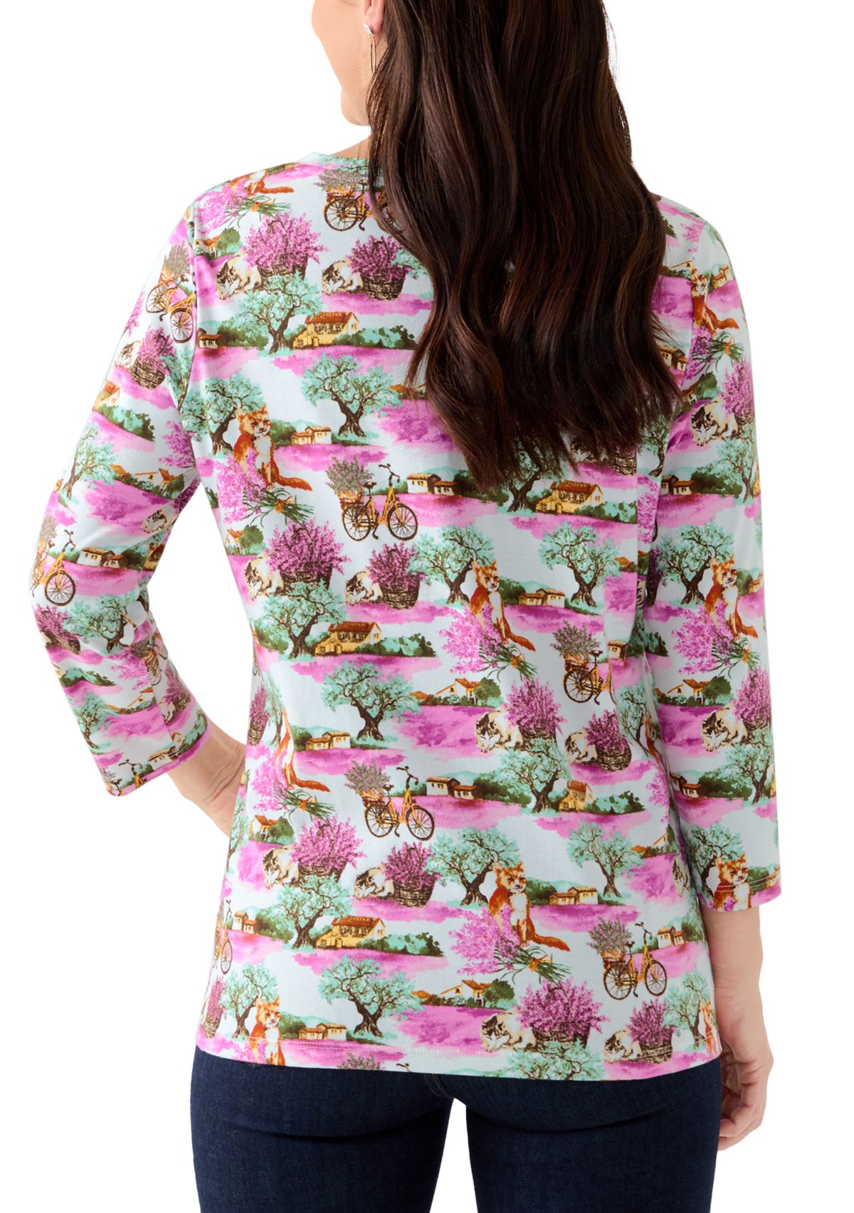 Womens 3/4 Sleeve Printed Henley Shirt