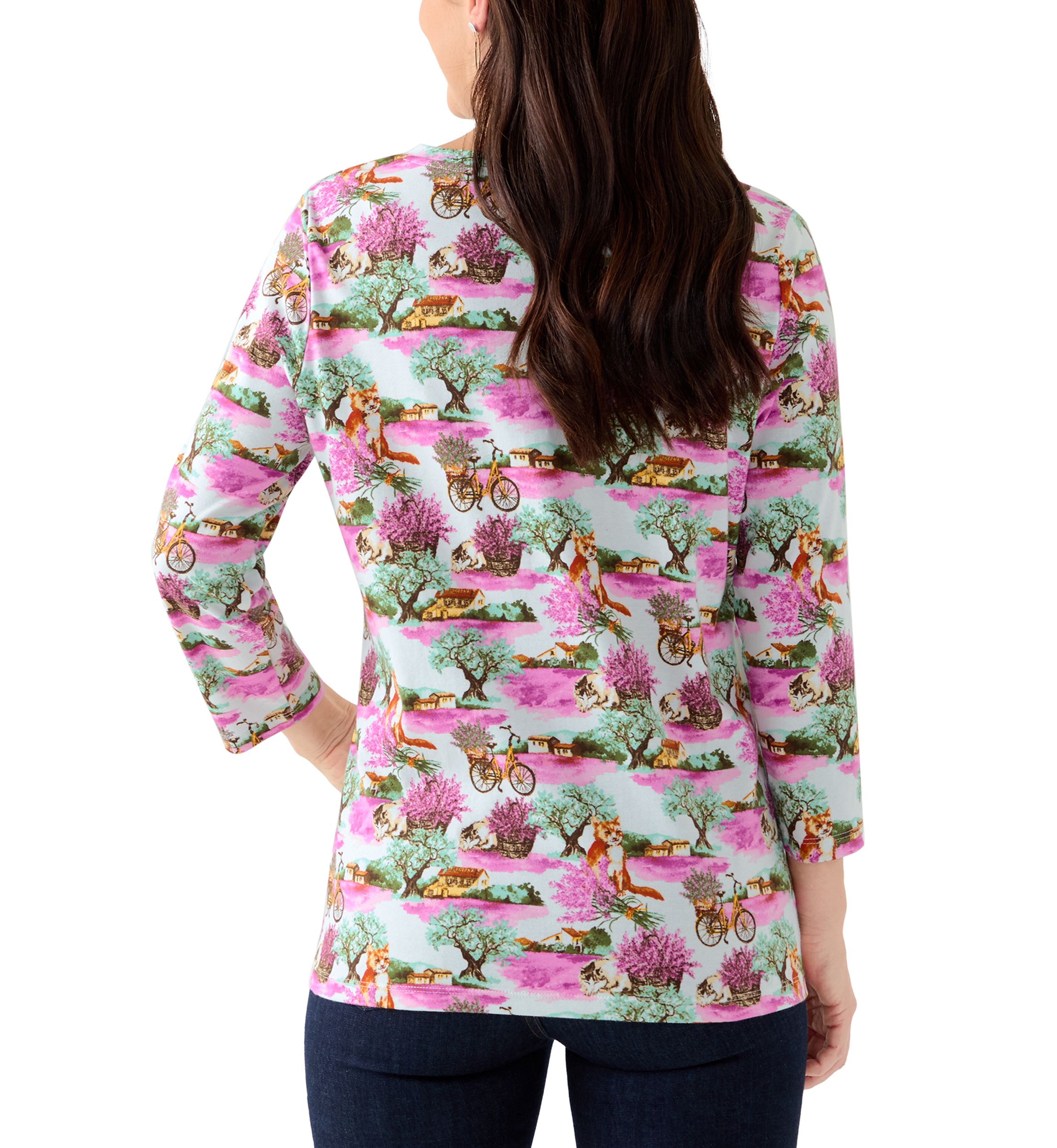 Womens 3/4 Sleeve Printed Henley Shirt