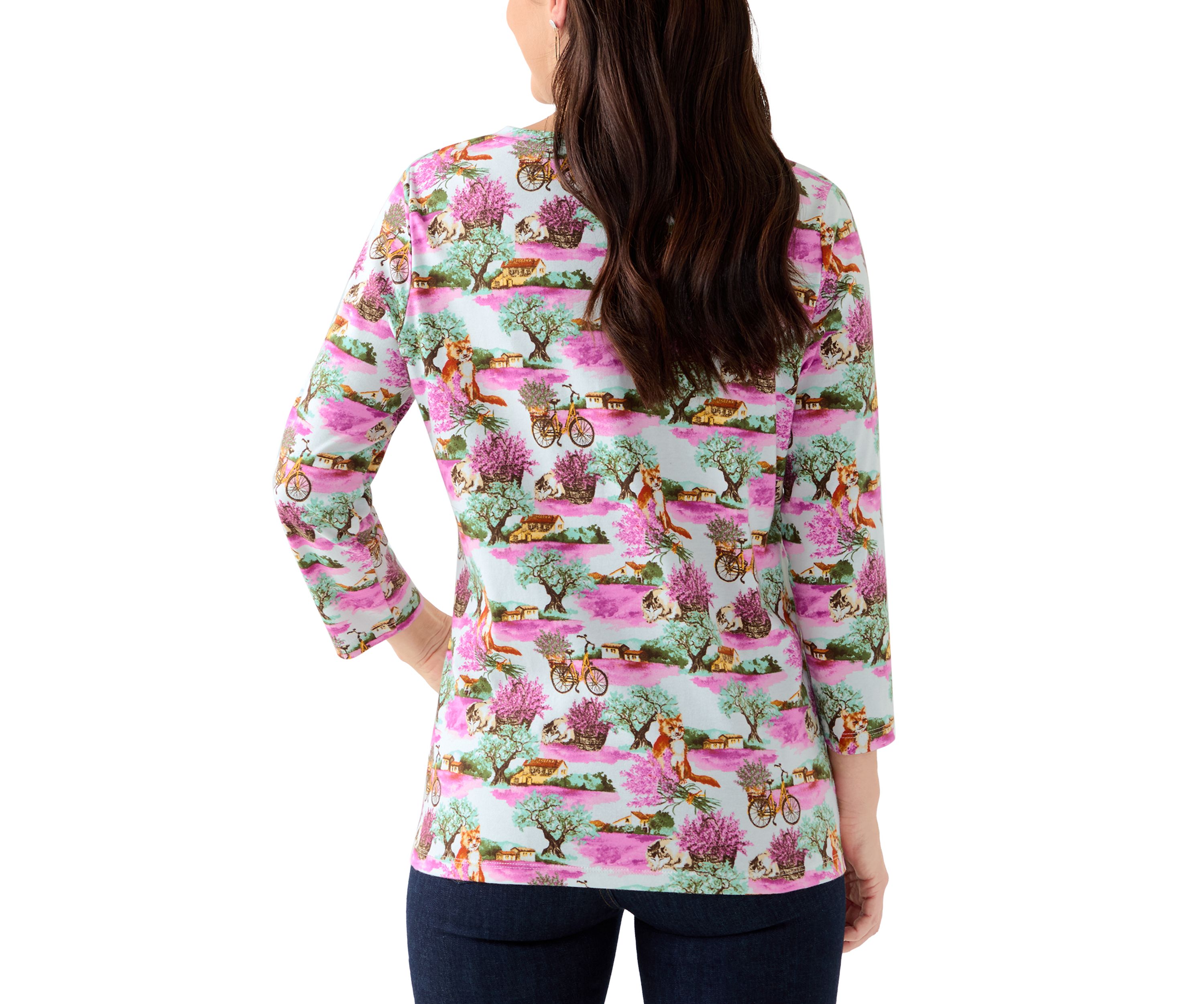 Womens 3/4 Sleeve Printed Henley Shirt