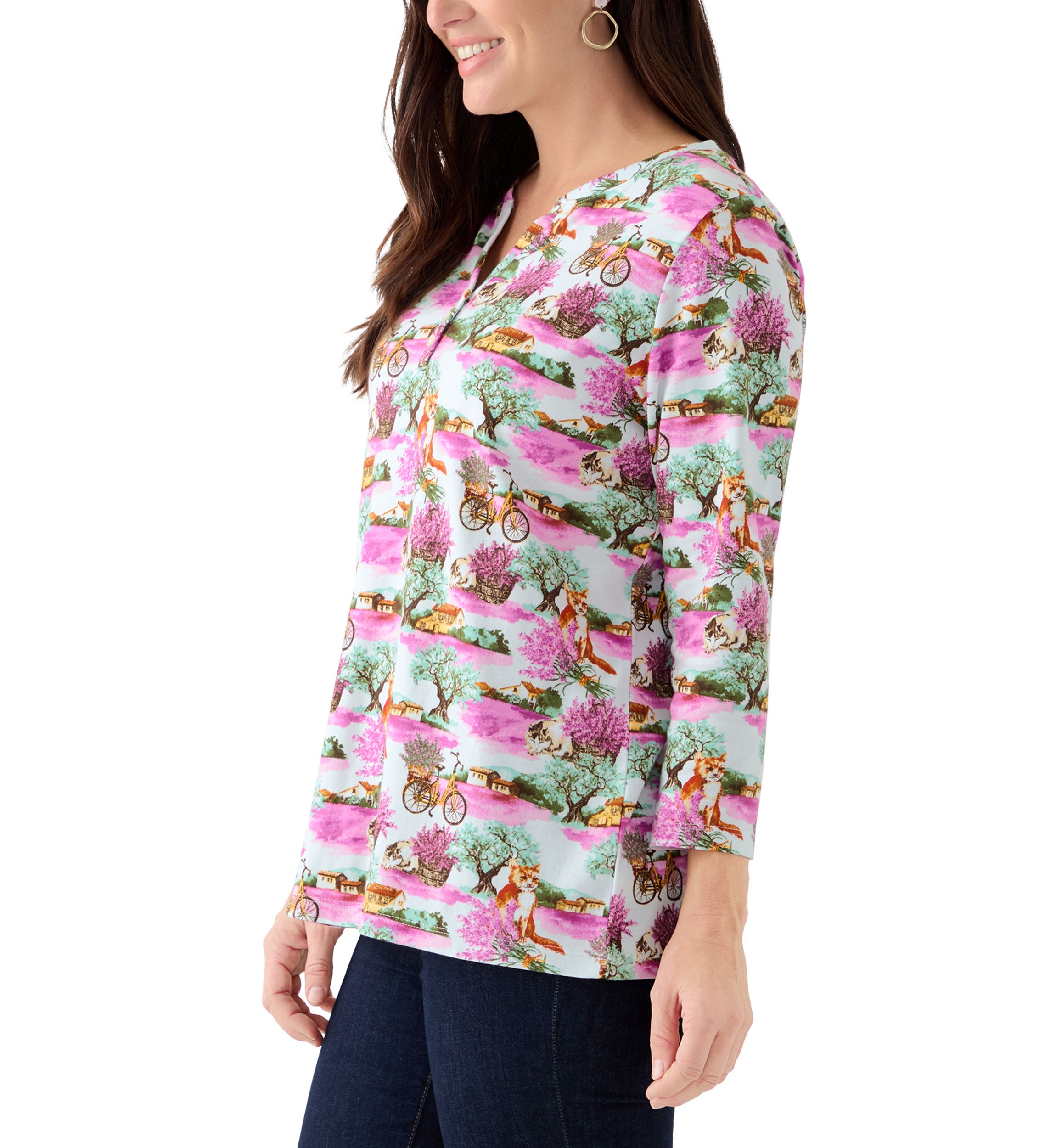Womens 3/4 Sleeve Printed Henley Shirt