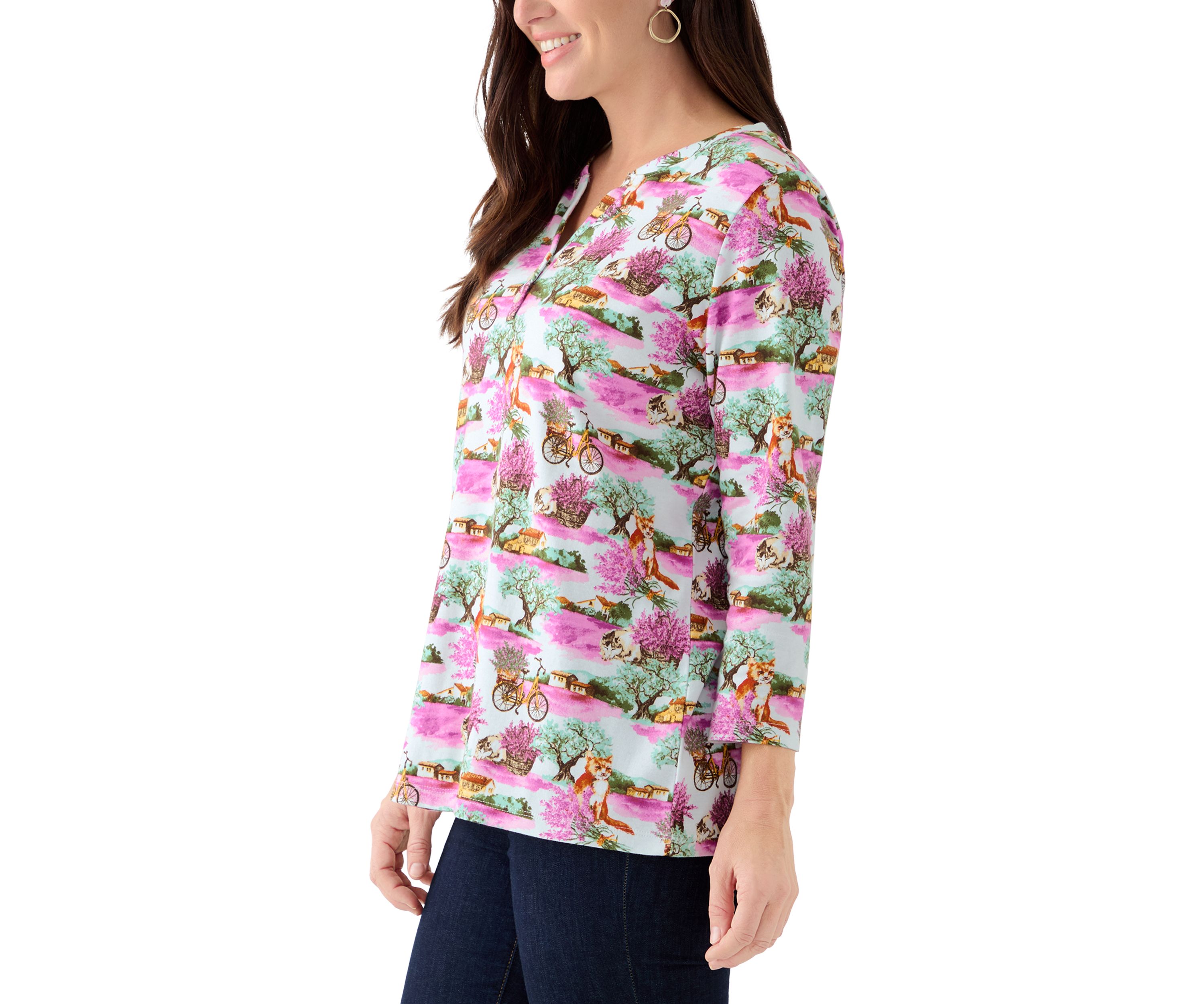 Womens 3/4 Sleeve Printed Henley Shirt