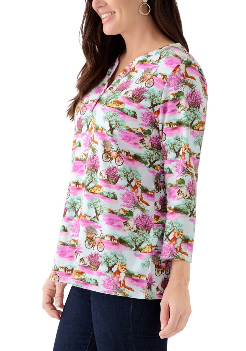 Womens 3/4 Sleeve Printed Henley Shirt