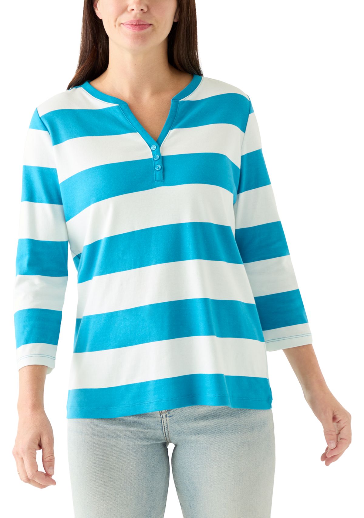 Womens 3/4 Sleeve Yarn Dyed Henley Top