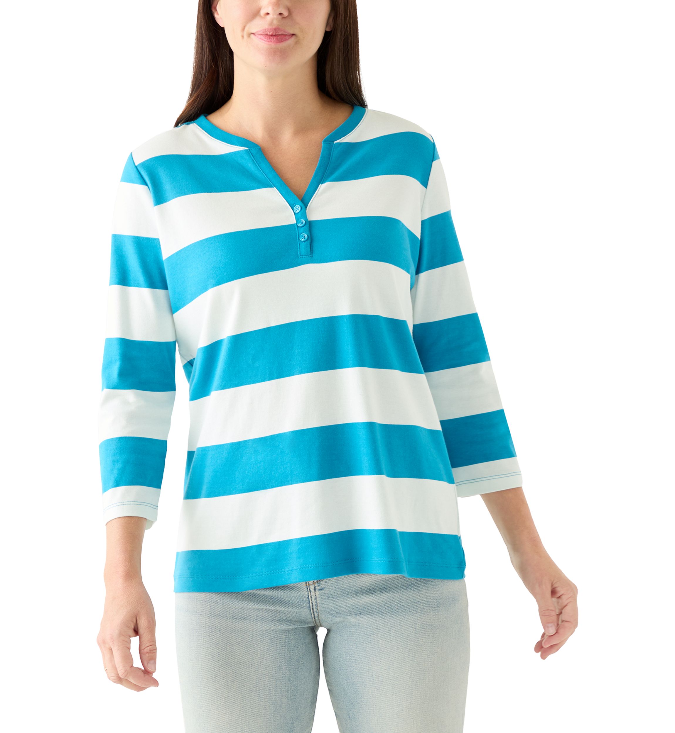 Womens 3/4 Sleeve Yarn Dyed Henley Top