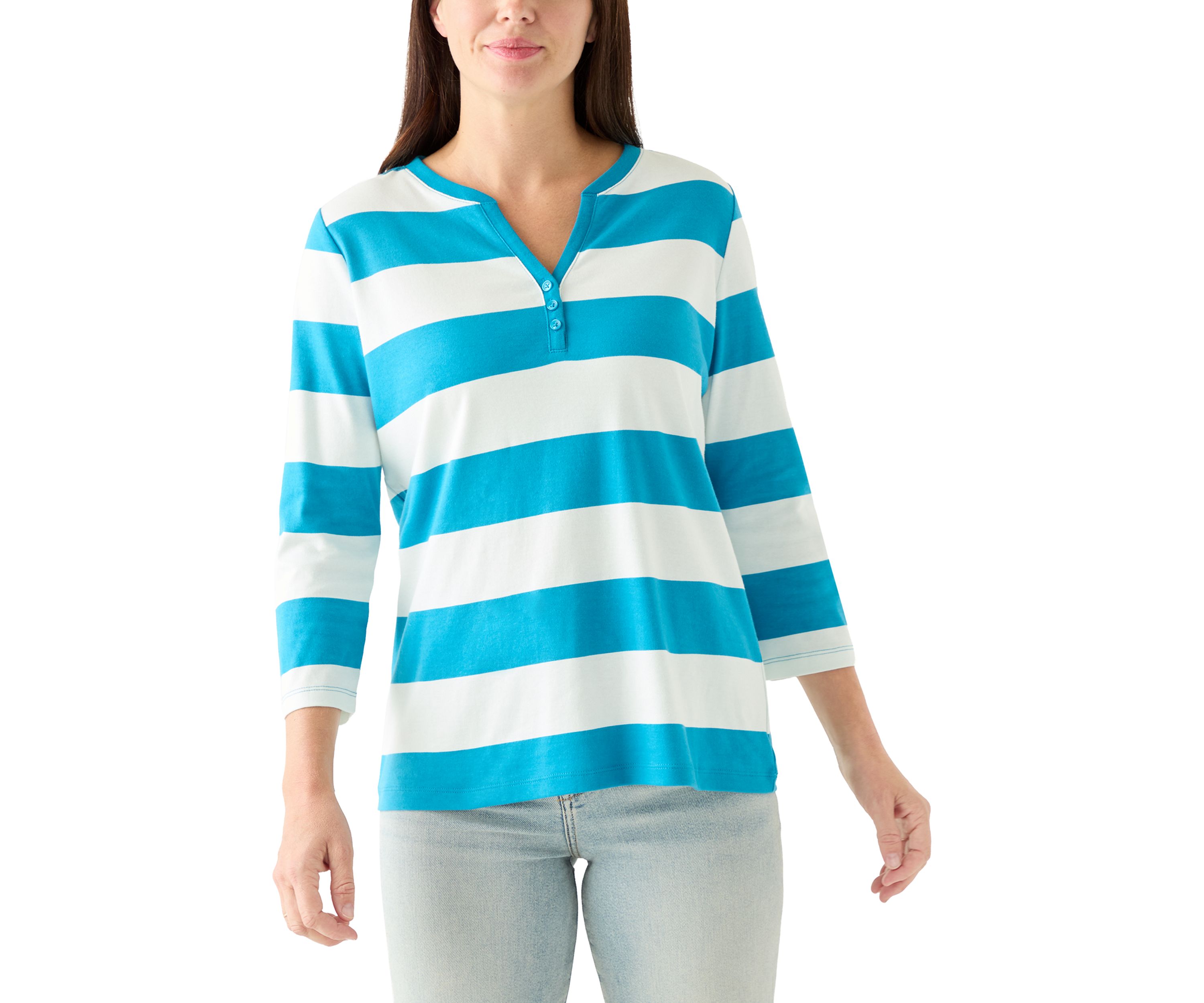Womens 3/4 Sleeve Yarn Dyed Henley Top