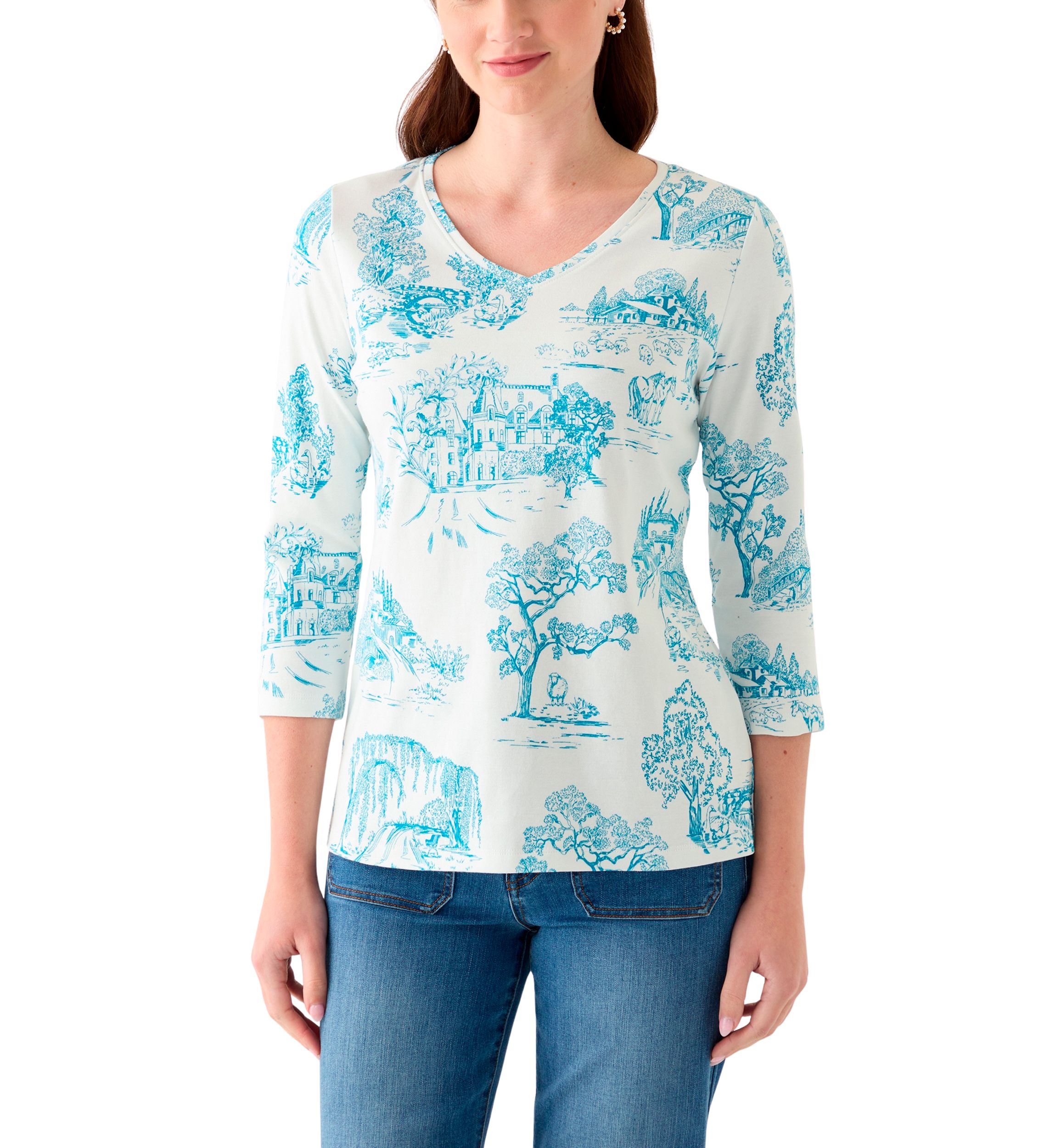 Womens 3/4 Sleeve V-Neck Printed Top
