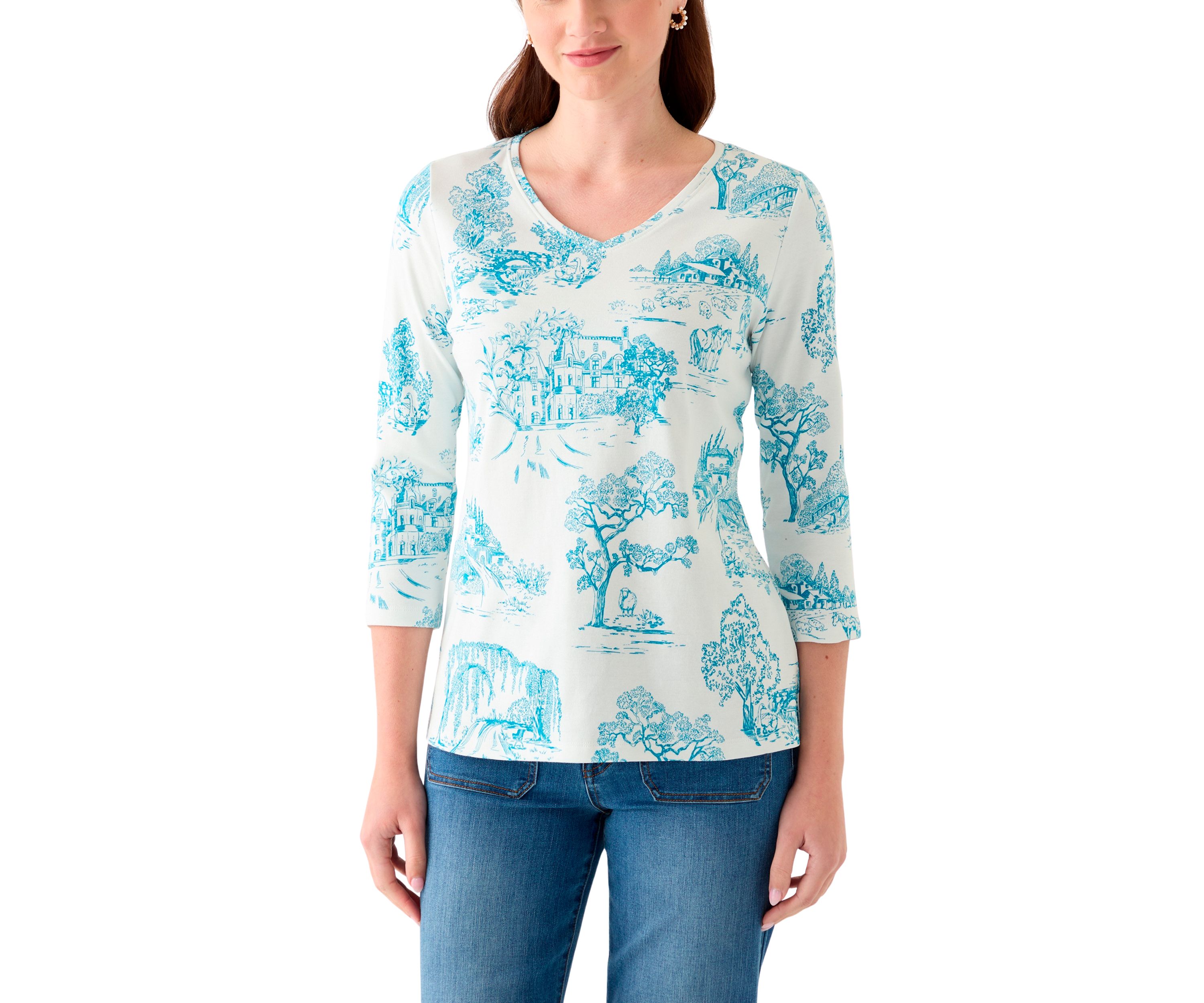 Womens 3/4 Sleeve V-Neck Printed Top