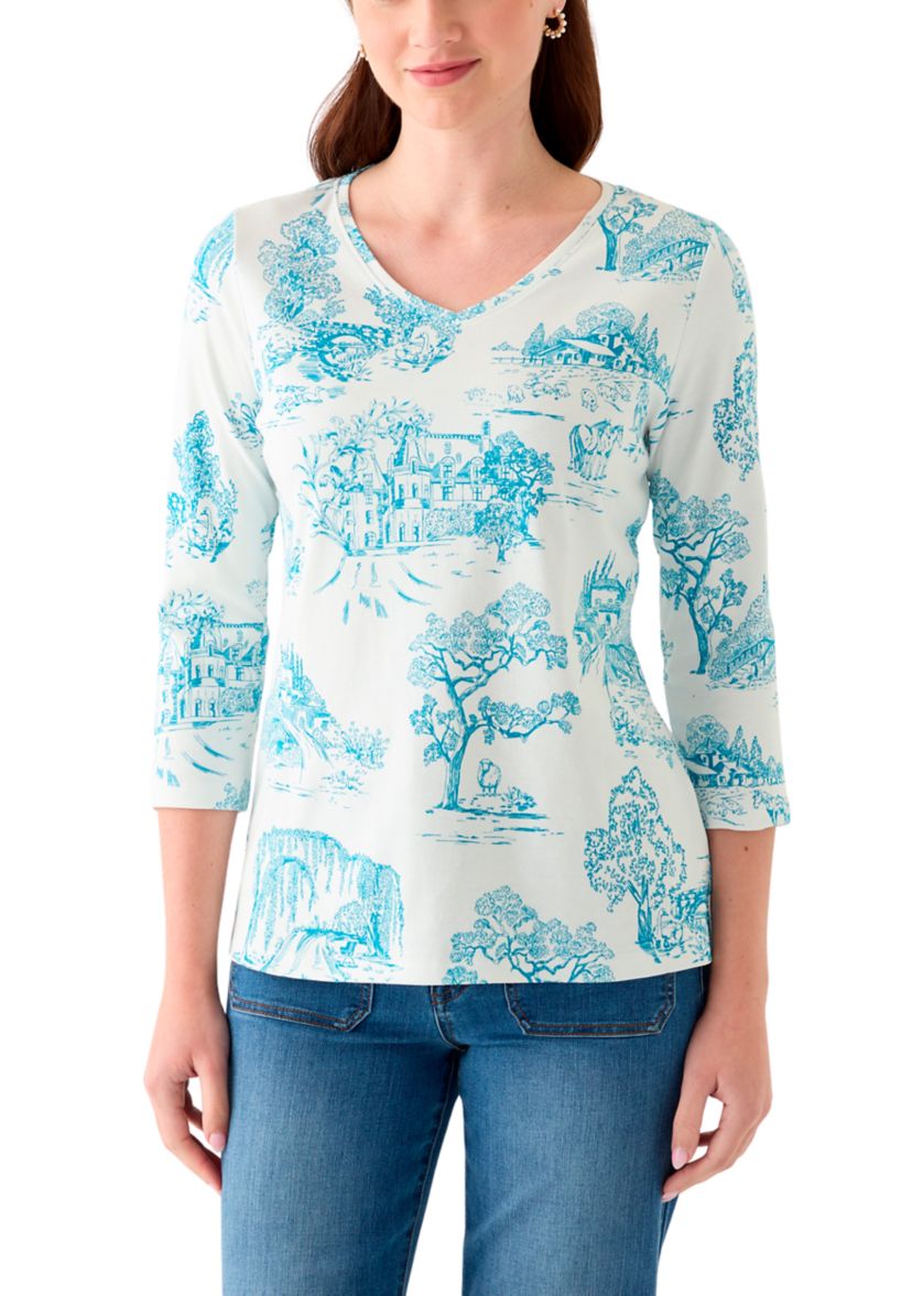 Womens 3/4 Sleeve V-Neck Printed Top