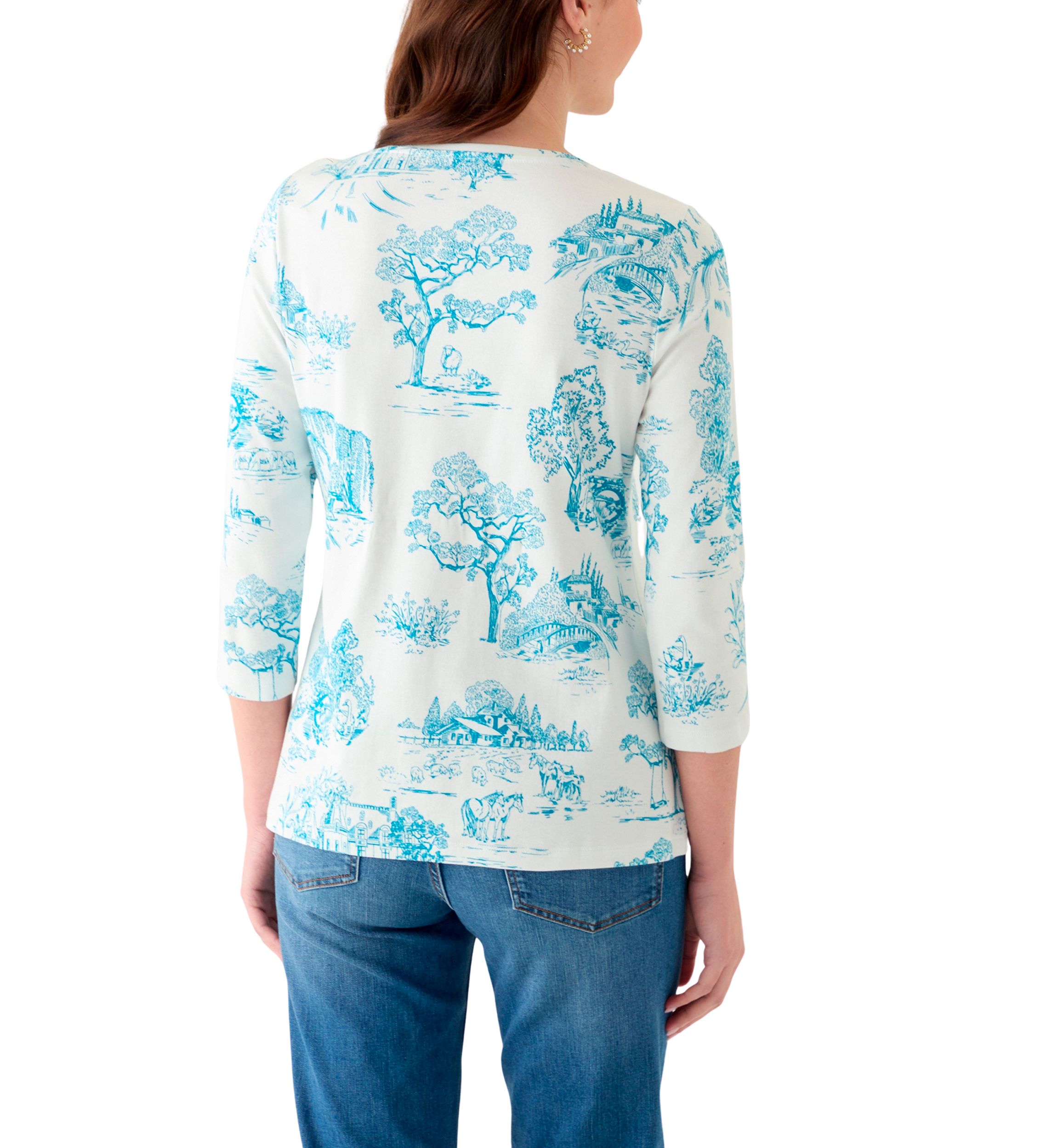 Womens 3/4 Sleeve V-Neck Printed Top