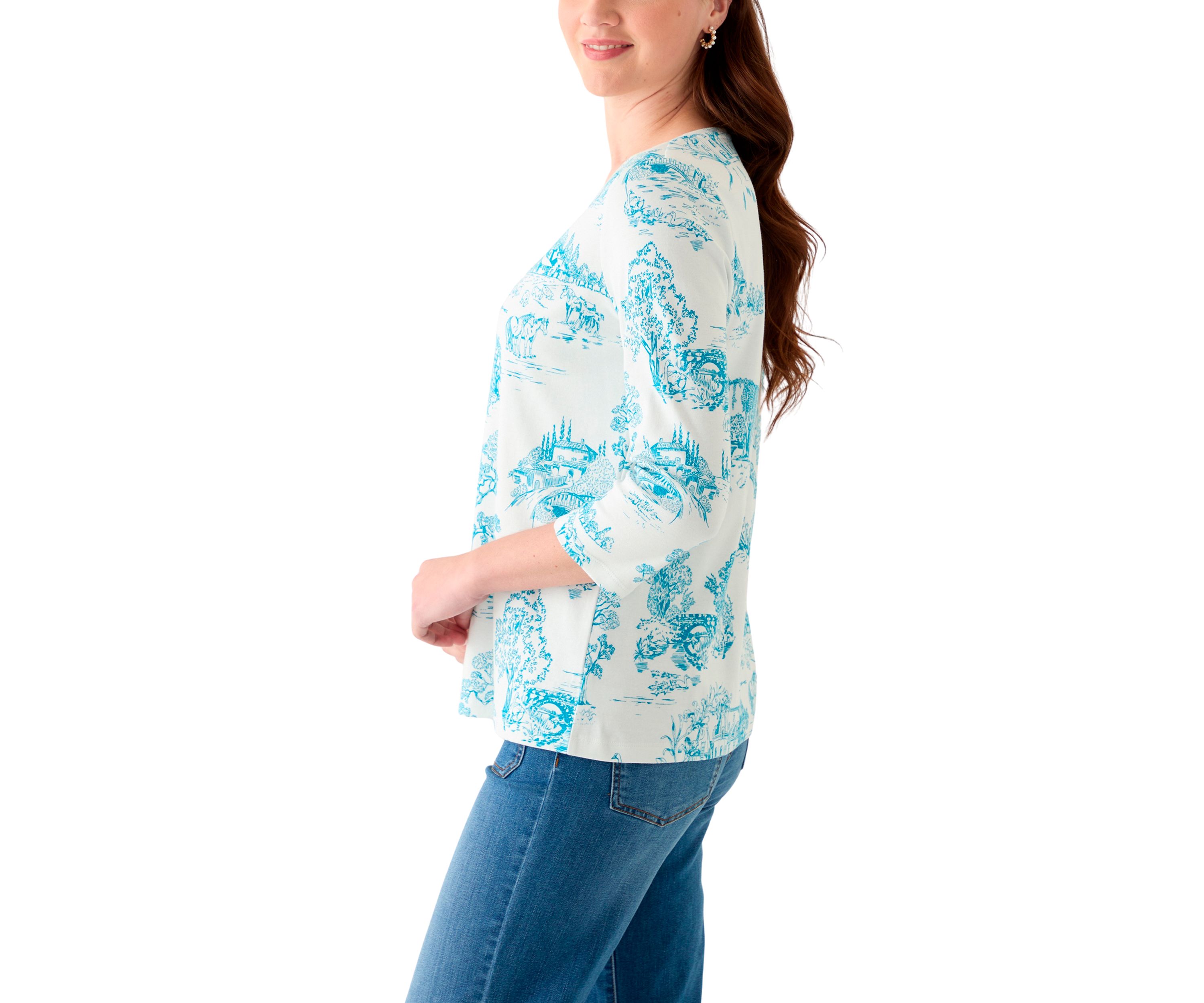 Womens 3/4 Sleeve V-Neck Printed Top