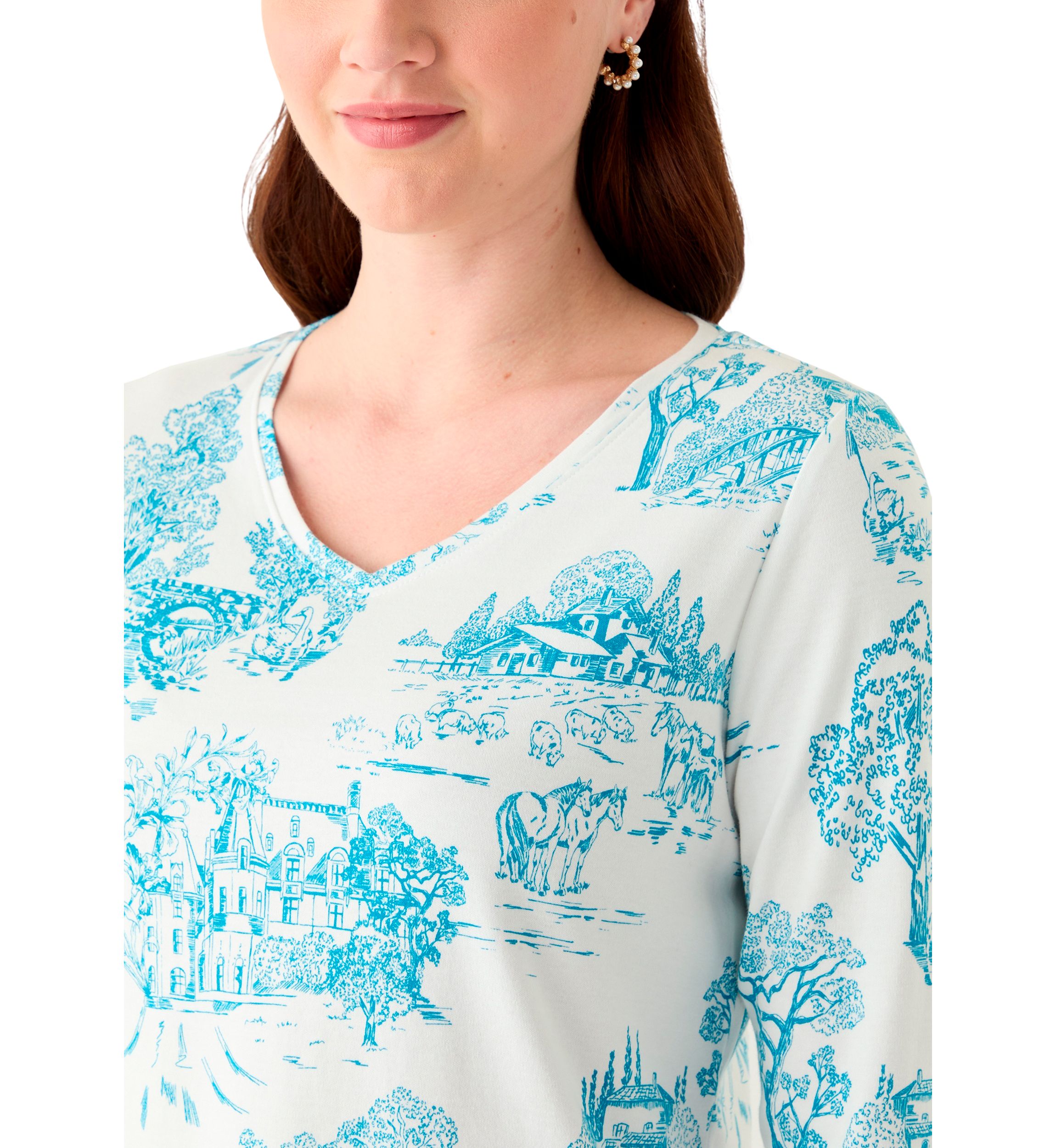 Womens 3/4 Sleeve V-Neck Printed Top