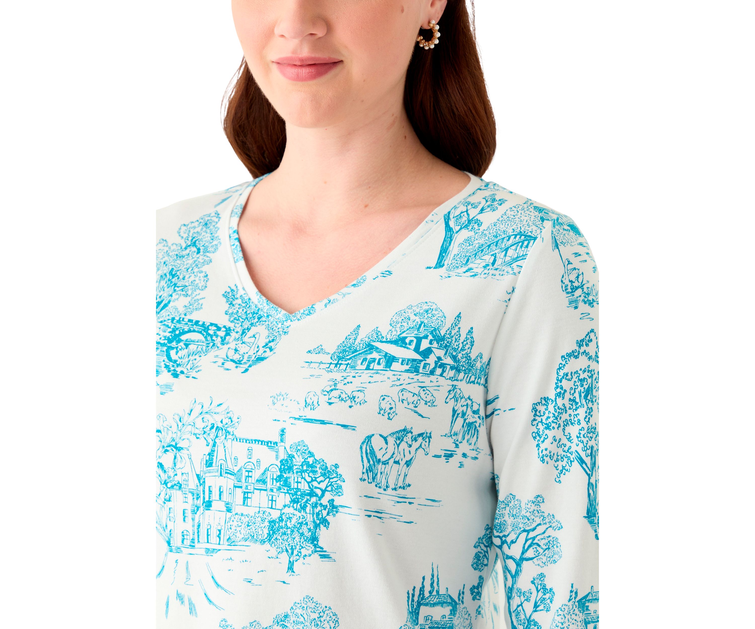 Womens 3/4 Sleeve V-Neck Printed Top