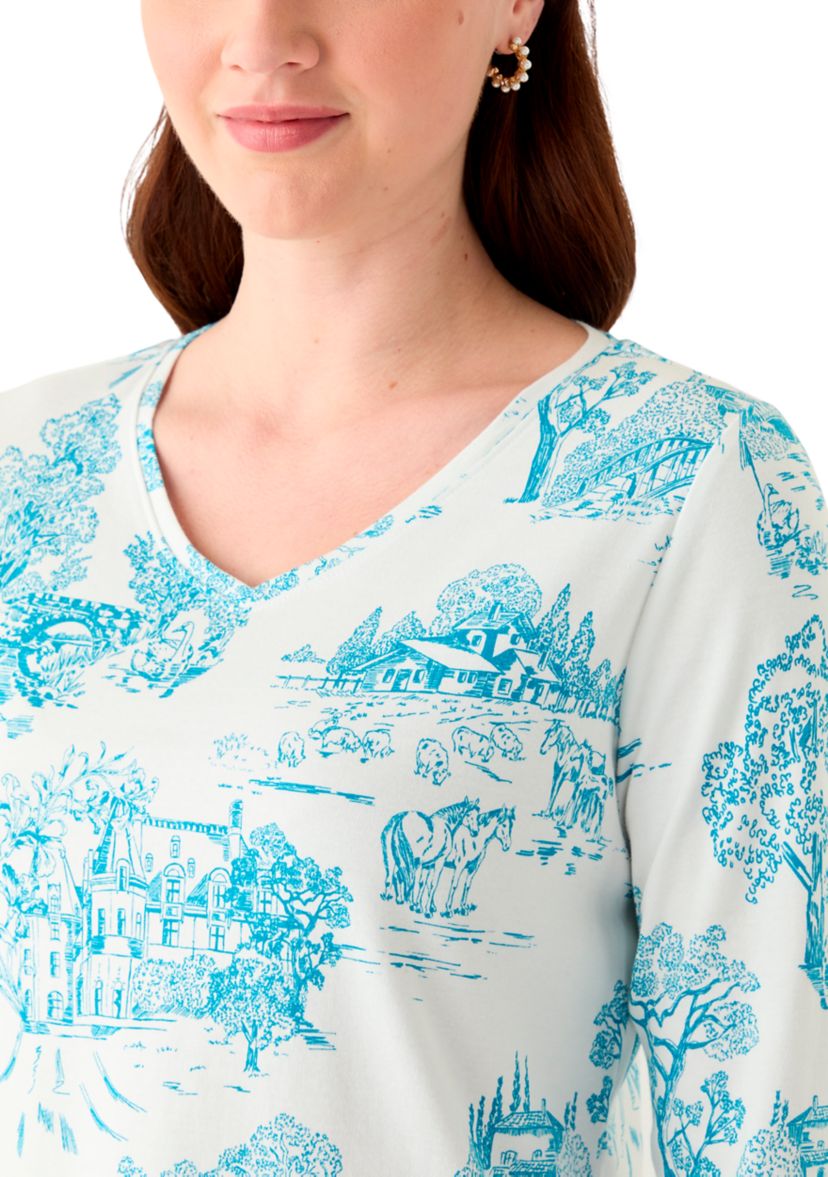 Womens 3/4 Sleeve V-Neck Printed Top