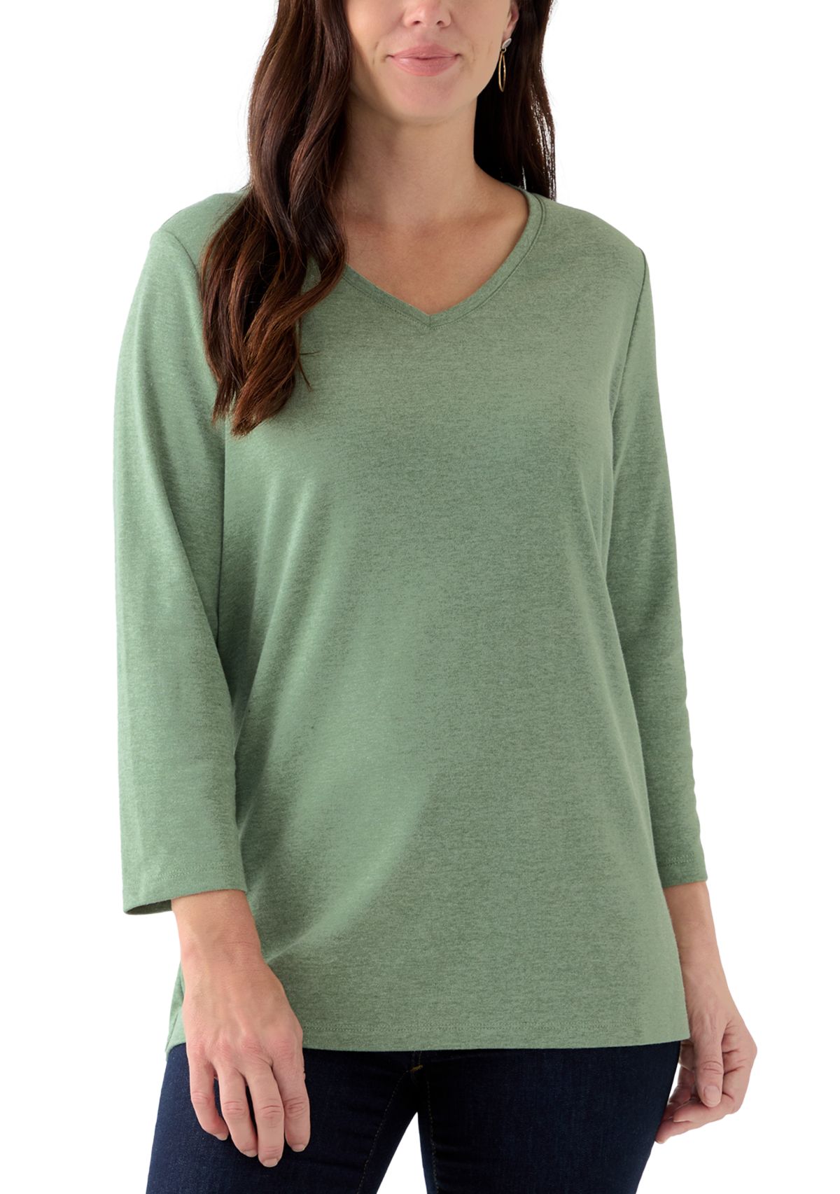 Womens Solid 3/4 Sleeve V-Neck Top