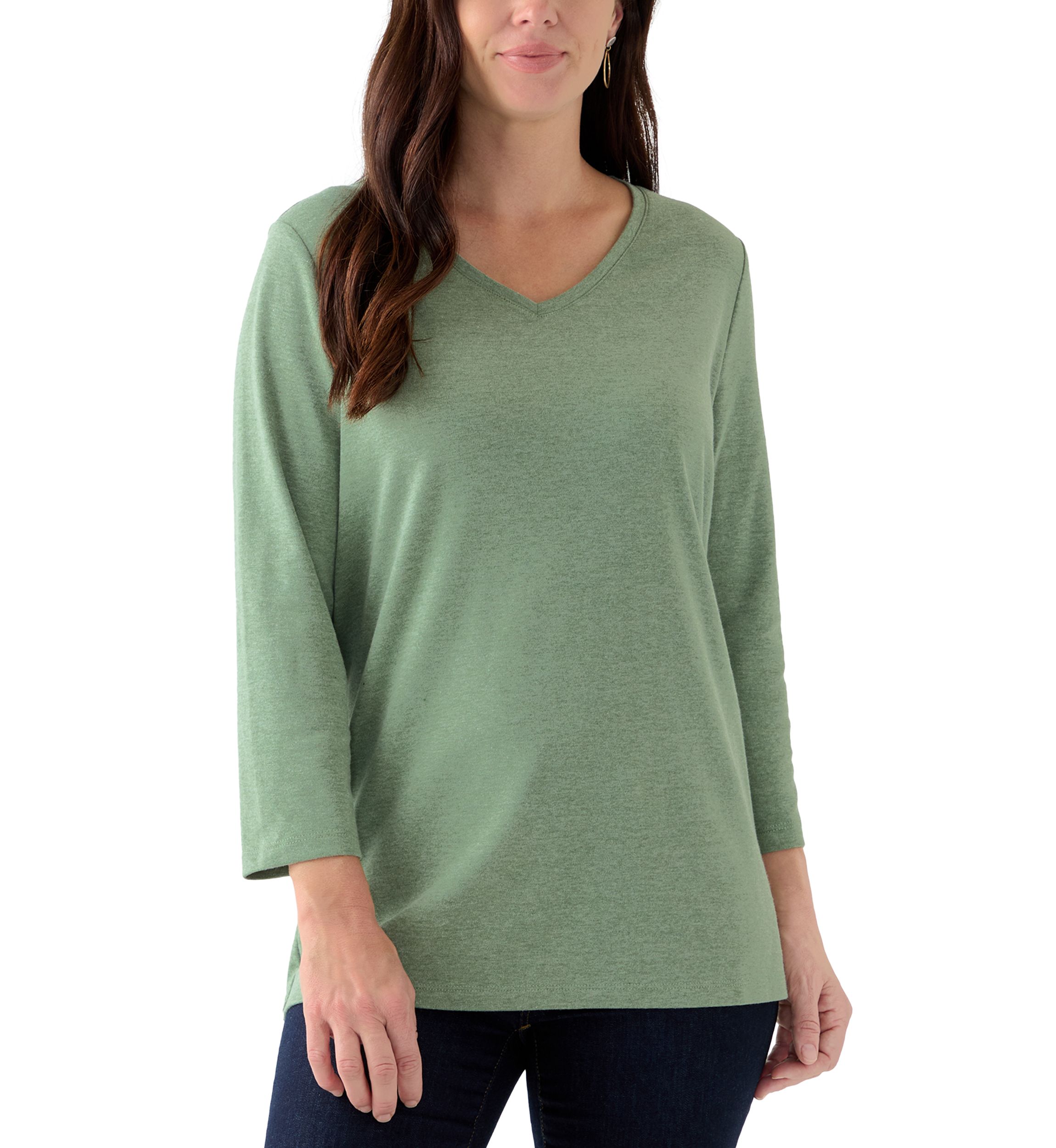 Womens Solid 3/4 Sleeve V-Neck Top