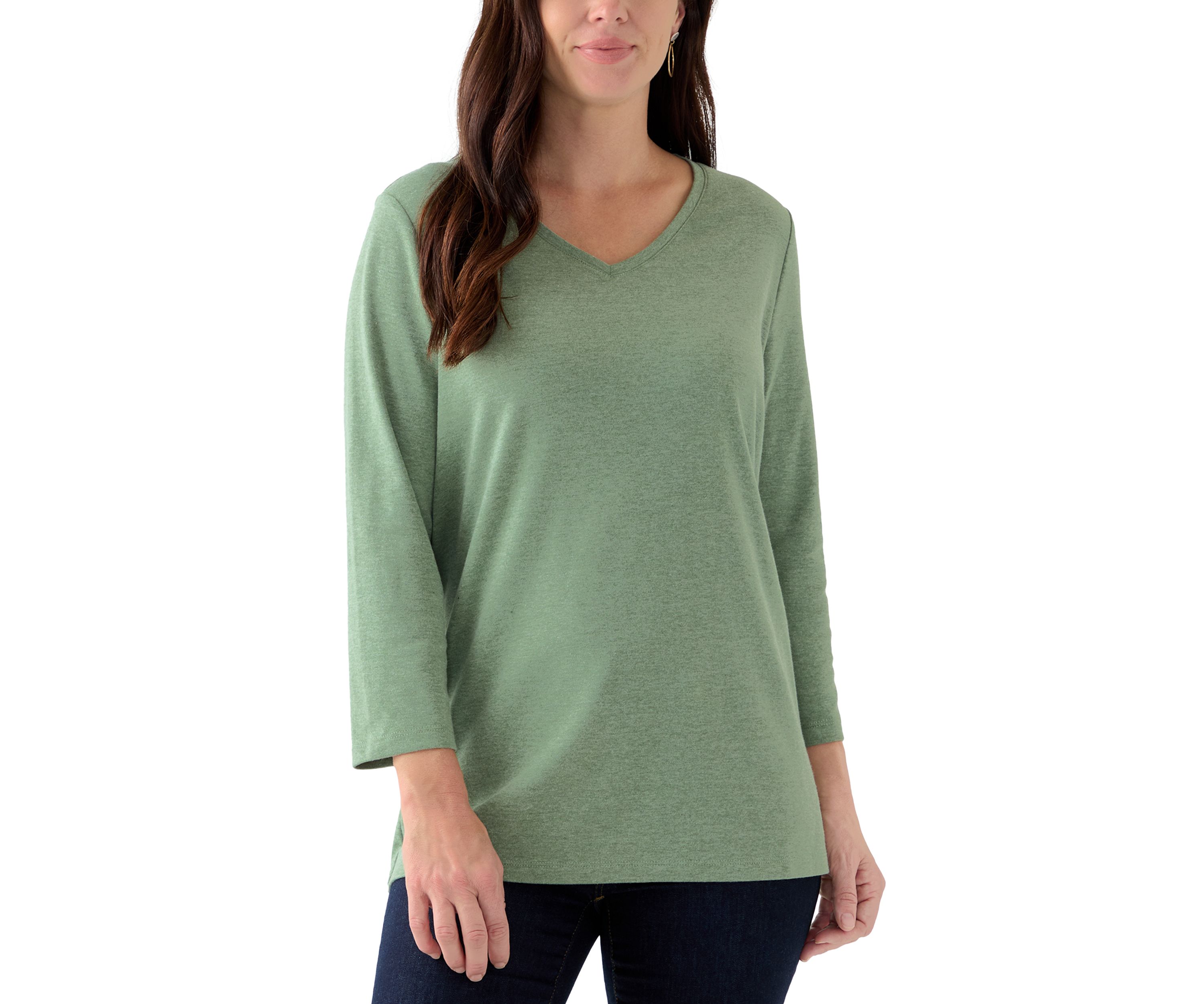 Womens Solid 3/4 Sleeve V-Neck Top