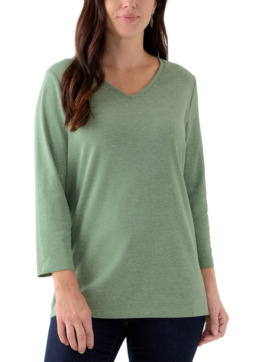 Womens Solid 3/4 Sleeve V-Neck Top