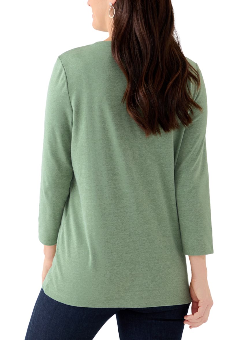 Womens Solid 3/4 Sleeve V-Neck Top