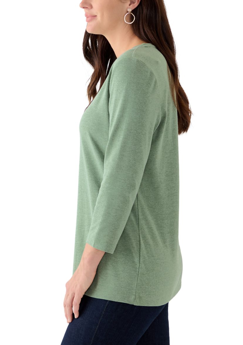 Womens Solid 3/4 Sleeve V-Neck Top