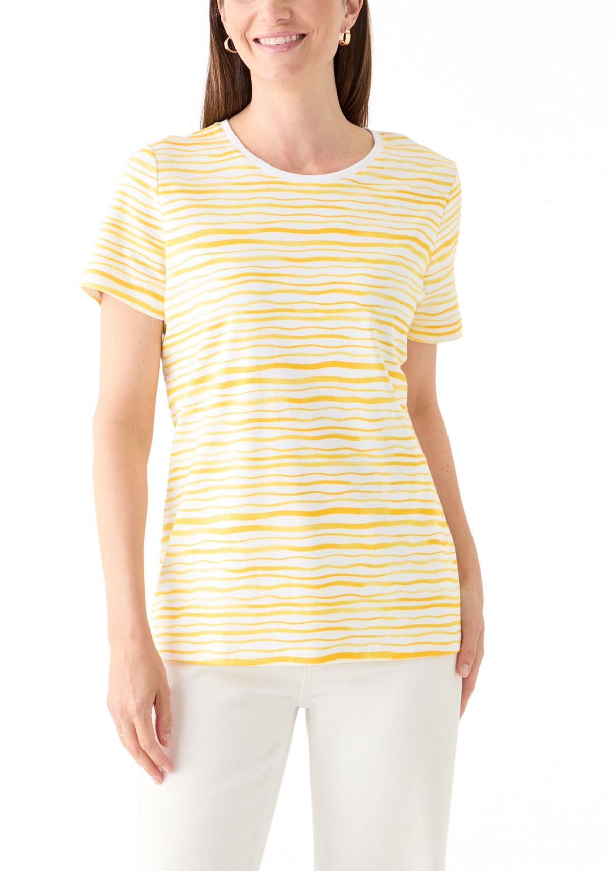 Womens Short Sleeve Crew Neck Stripe Print T-Shirt