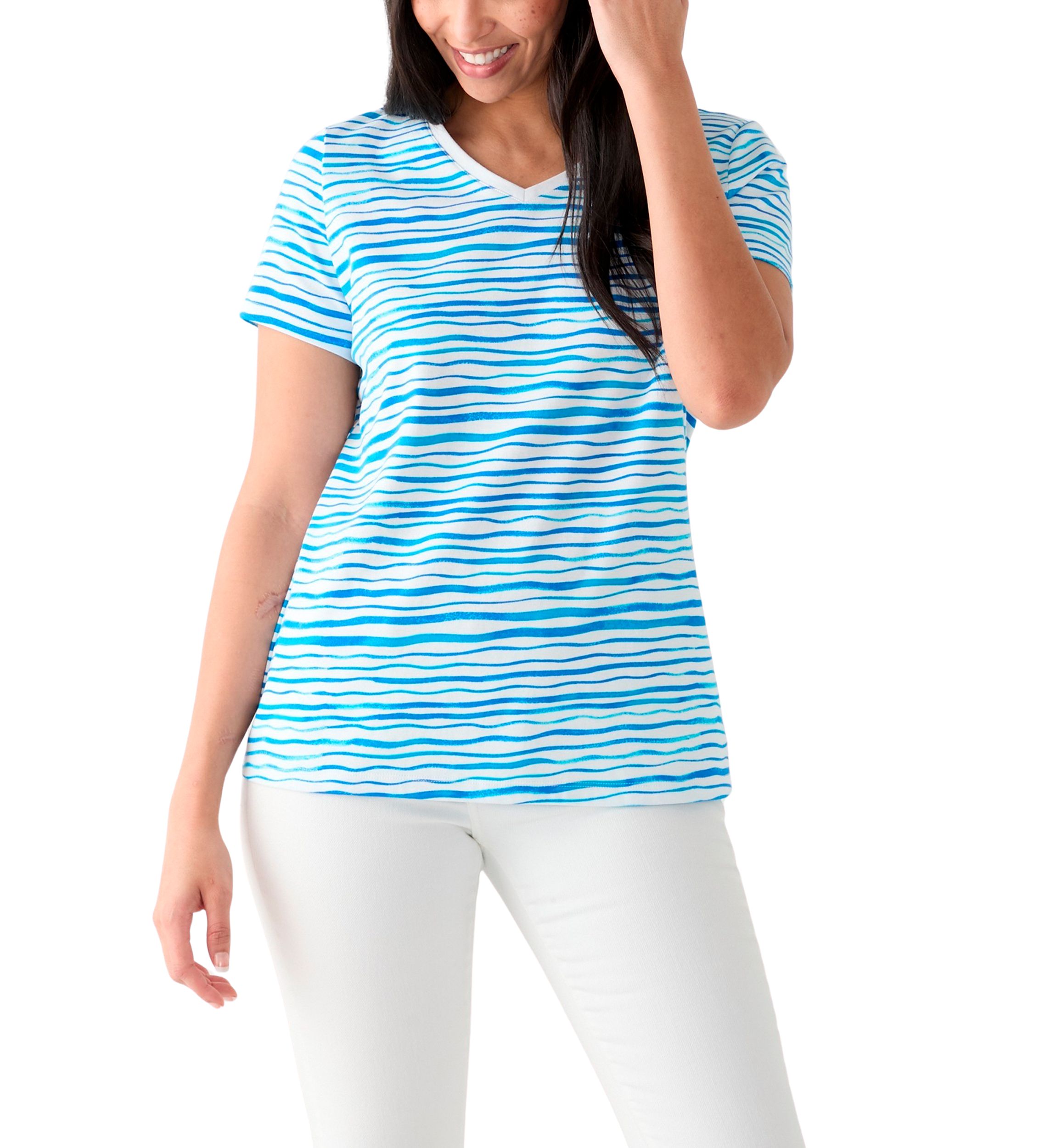 Womens Short Sleeve V-Neck Stripe Print T-Shirt