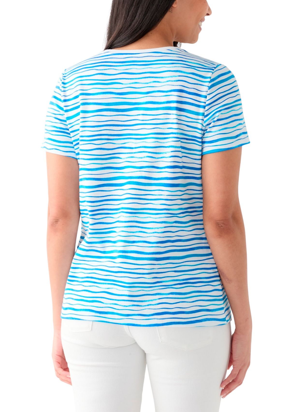Womens Short Sleeve V-Neck Stripe Print T-Shirt